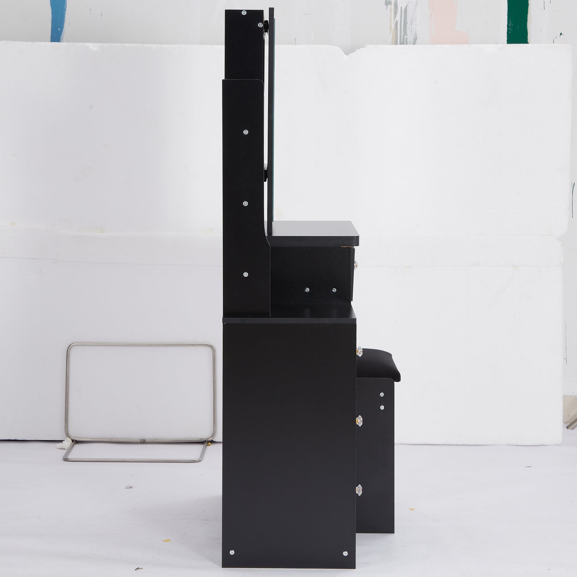 Small Size Left Bedside Cabinet Vanity Table Cushioned Stool, Extra Large Sliding Mirror, Multi Layer, High Capacity Storage Fashionable Dresser, Suitable For Small Space, Epa,Gcc,Ul Certificate