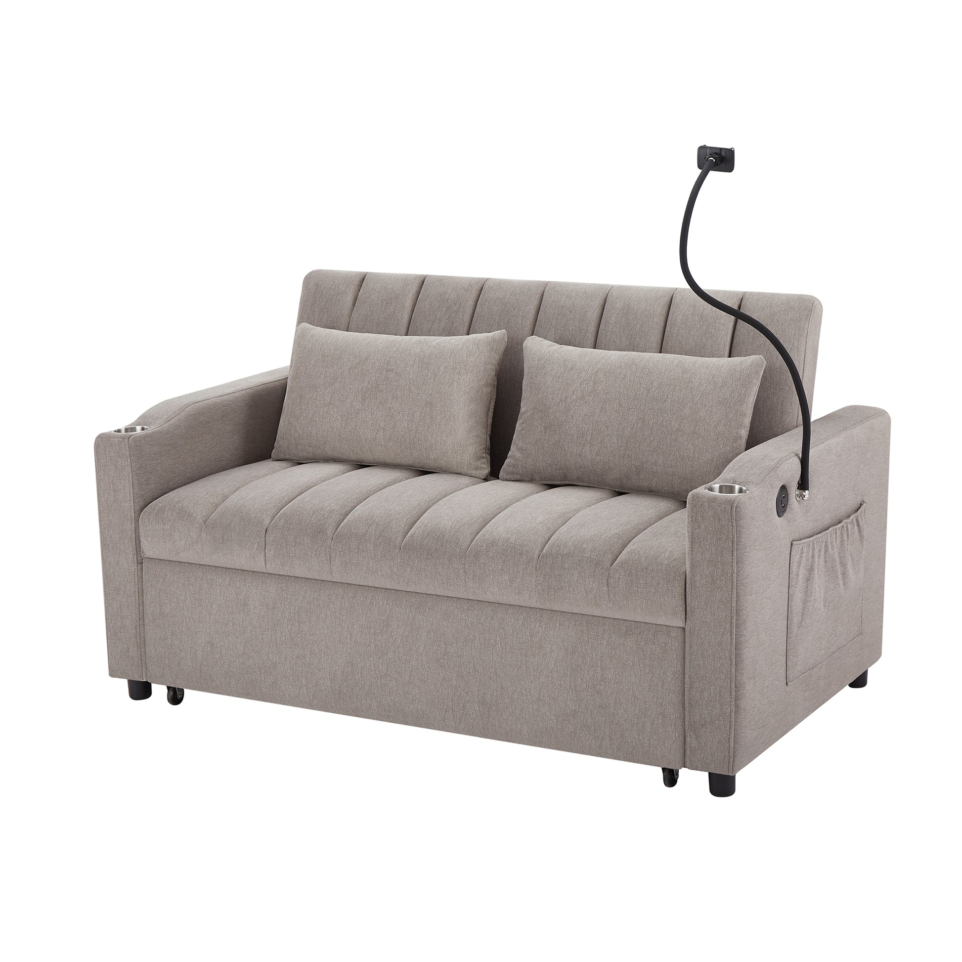55.9" Convertible Sofa Bed Loveseat Sofa With Three Usb Ports, Two Side Pockets, Two Cup Holders And 360 Swivel Phone Holder For Living Room, Light Grey Light Grey Foam Polyester 2 Seat