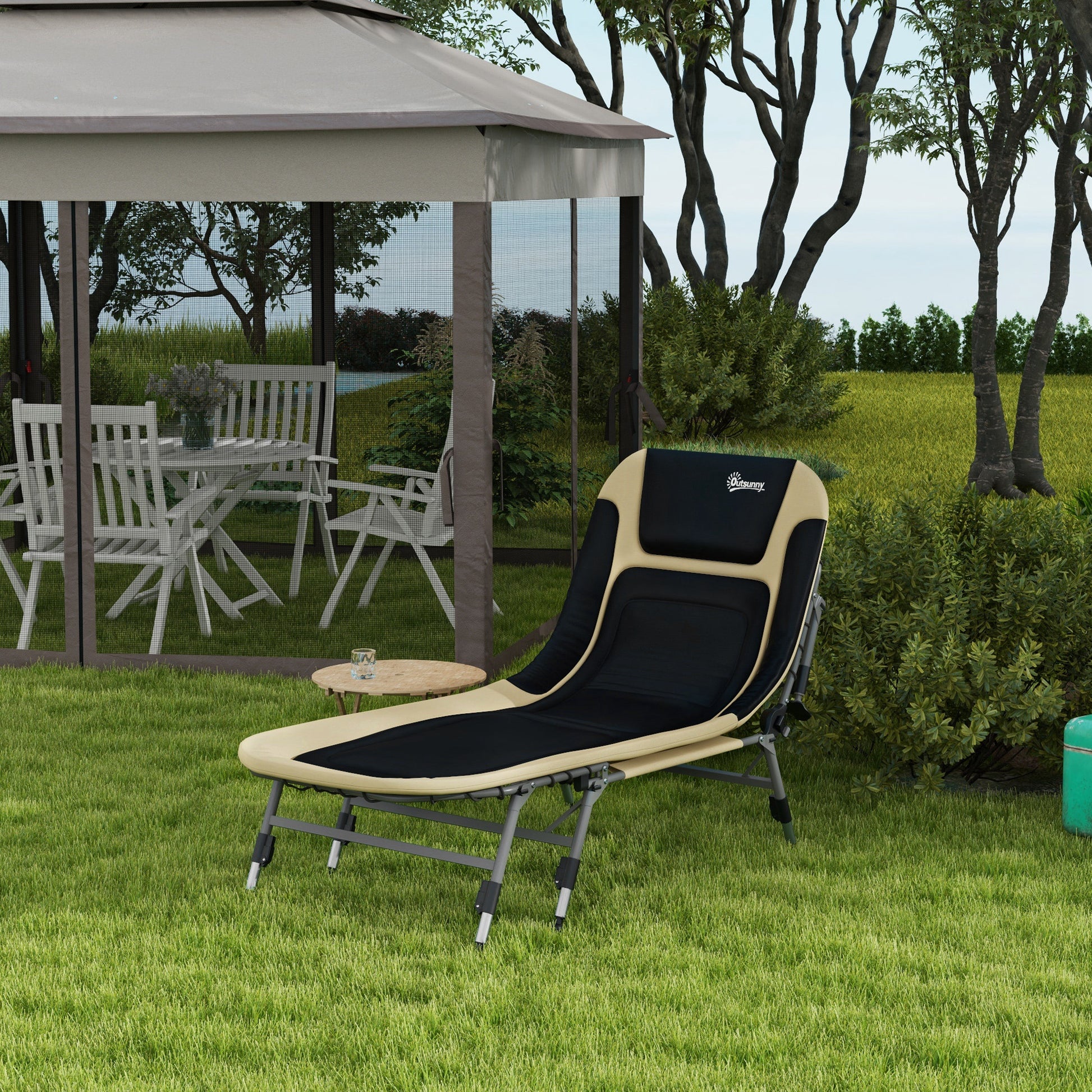 Outsunny Camping Cot For Adults, Folding Bed With Soft Padded Cushions & Headrest, 180 Adjustable Reclining Lounger, Heavy Duty And Portable With A 400 Lbs. Capacity, Cream White Cream White Oxford Fabric