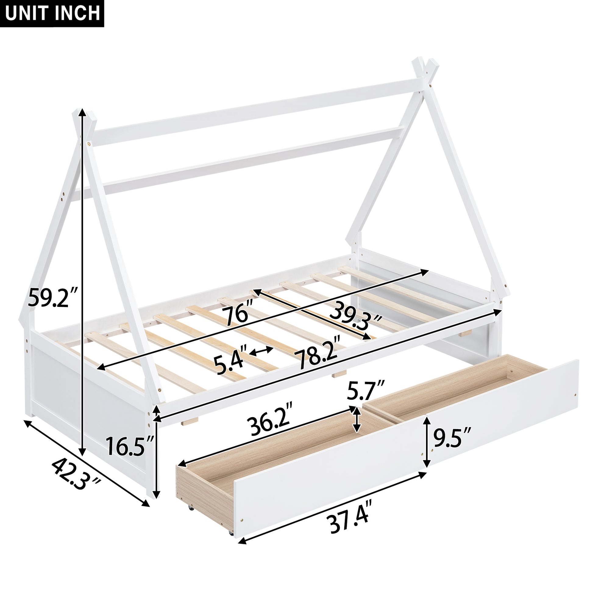 Twin Size House Platform Bed With Two Drawers,Headboard And Footboard, White Twin White Pine