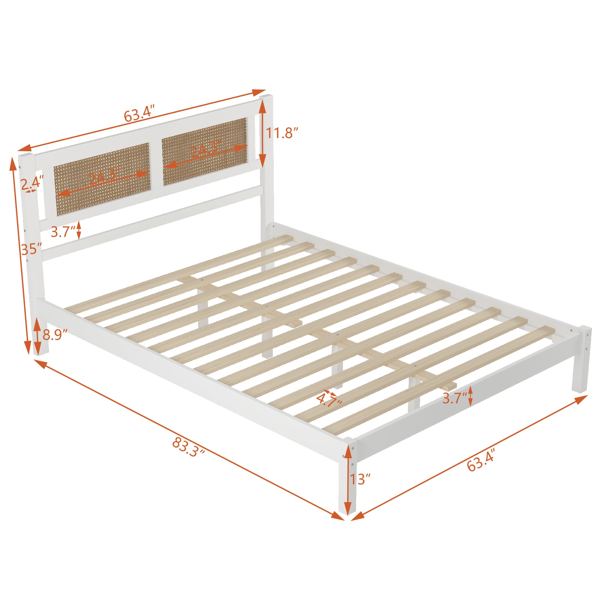 Queen Size Wood Platform Bed With Natural Rattan Headboard,Exquisite Elegance With Minimalist Charm For Bedroom,White White Particle Board