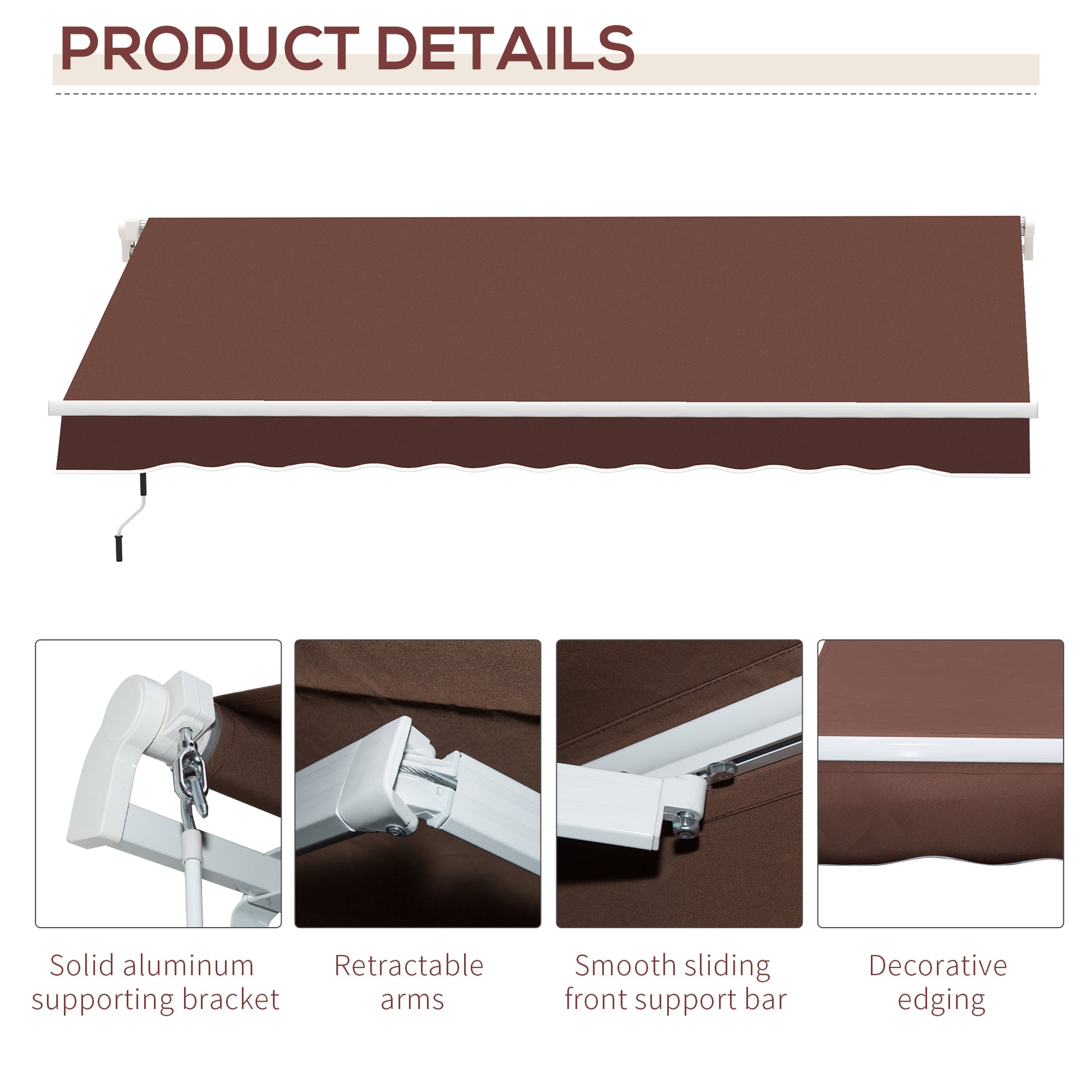 Outsunny 12' X 8' Retractable Awning Patio Awnings Sun Shade Shelter With Manual Crank Handle, 280G M Uv & Water Resistant Fabric And Aluminum Frame For Deck, Balcony, Yard, Brown Brown Aluminum