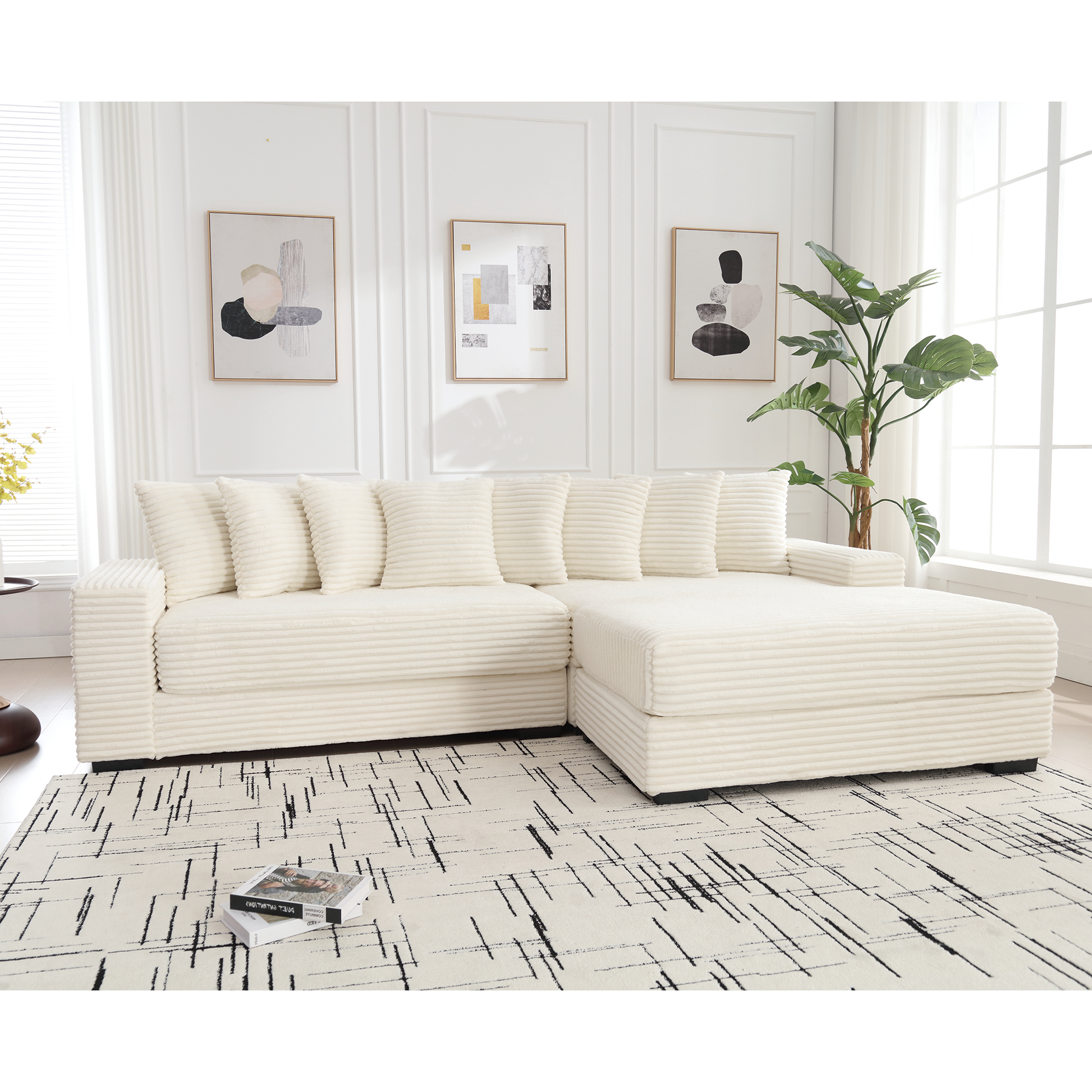 Arrived Oversized Two Piece Couches, L Shaped Sofa, Corduroy, Right Chaise Daybed,With Armrests,Eight Throw Pillows,Corner Sofa,Easy To Assemble, Beige Beige Polyester Wood Primary Living Space