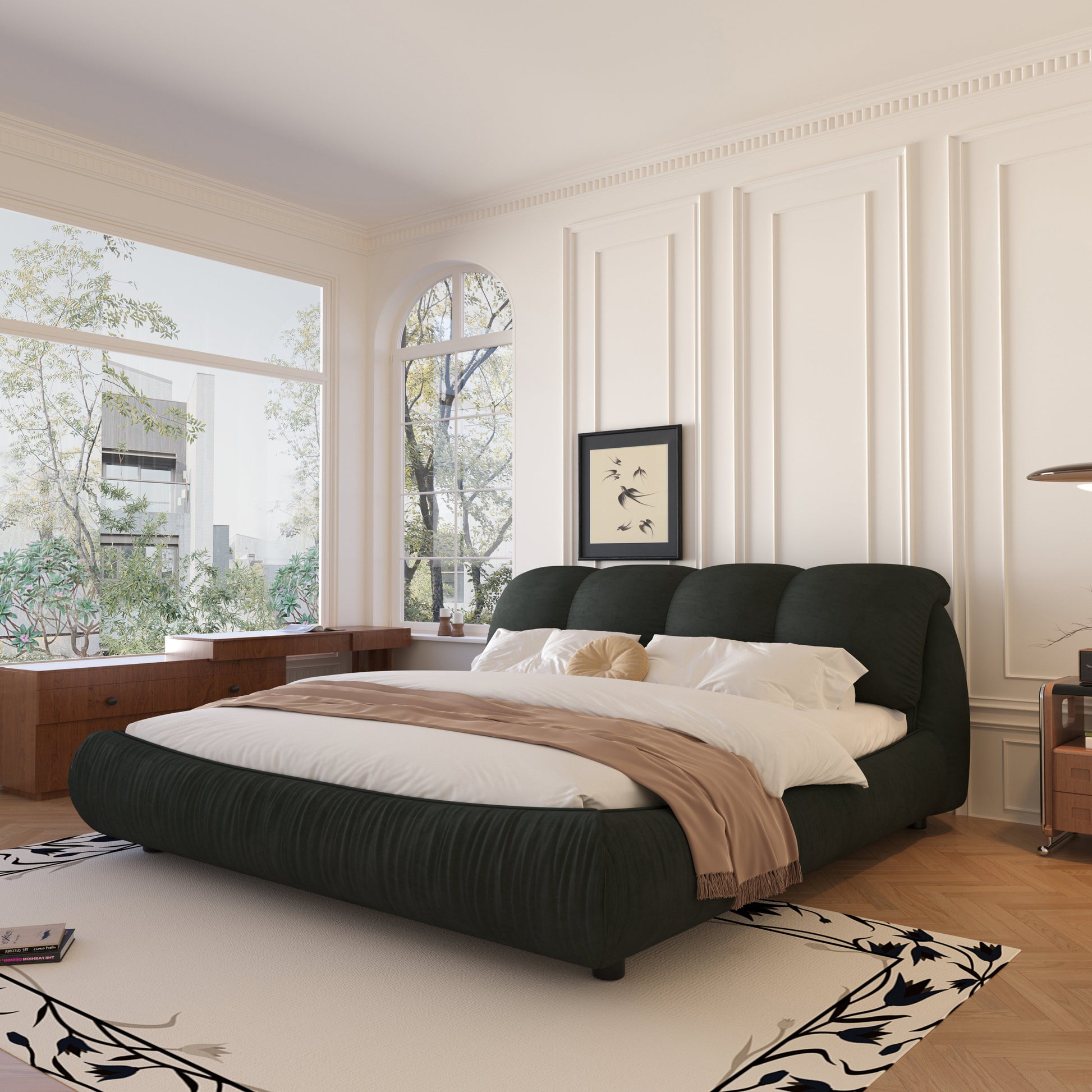 King Size Upholstered Platform Bed With Oversized Padded Backrest, Thickening Pinewooden Slats And Solid Wood Leg,Black Box Spring Not Required King Black Wood Pine Polyester Solid Wood
