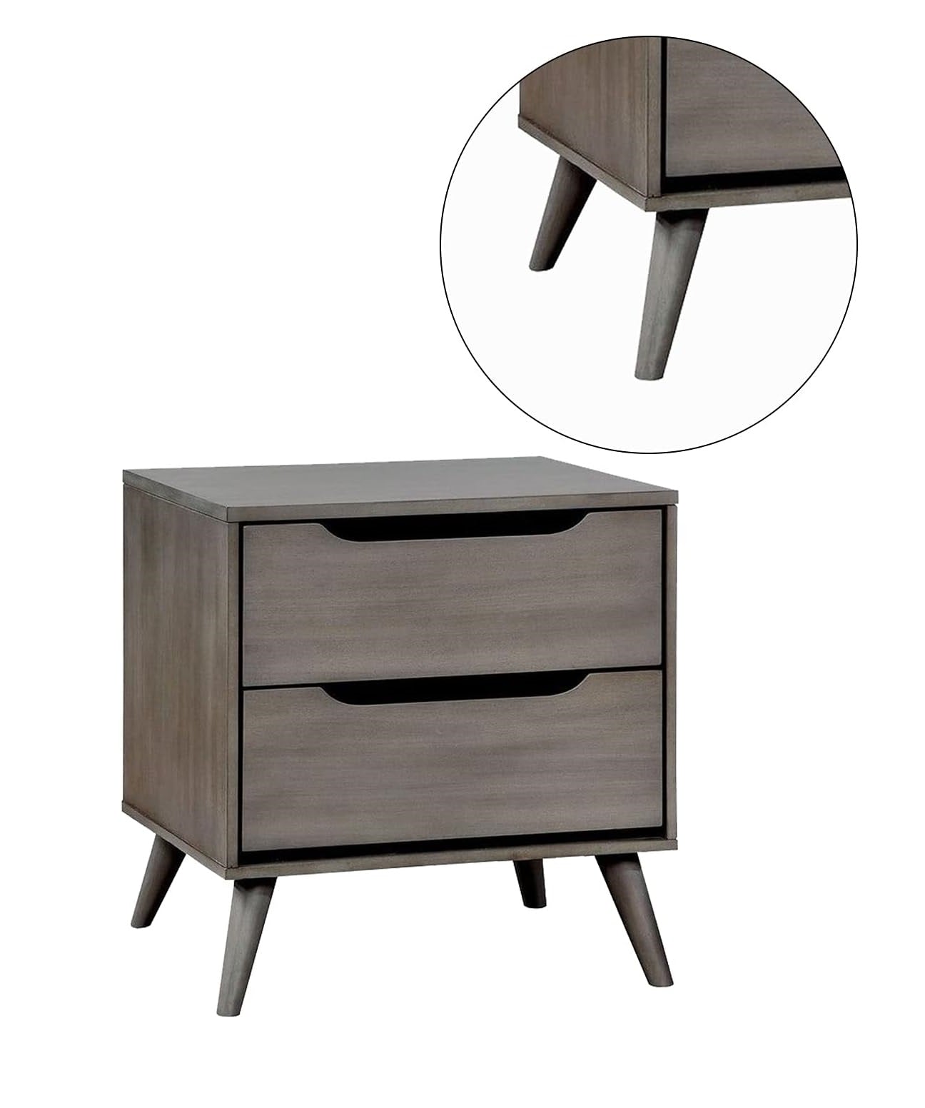 Mid Century Modern Gray Color 1Pc Nightstand Bedroom Furniture Solid Wood Round Tapered Legs 2 Drawers Bedside Table Gray Gray 2 Drawers Bedroom Bedside Cabinet Contemporary,Mid Century