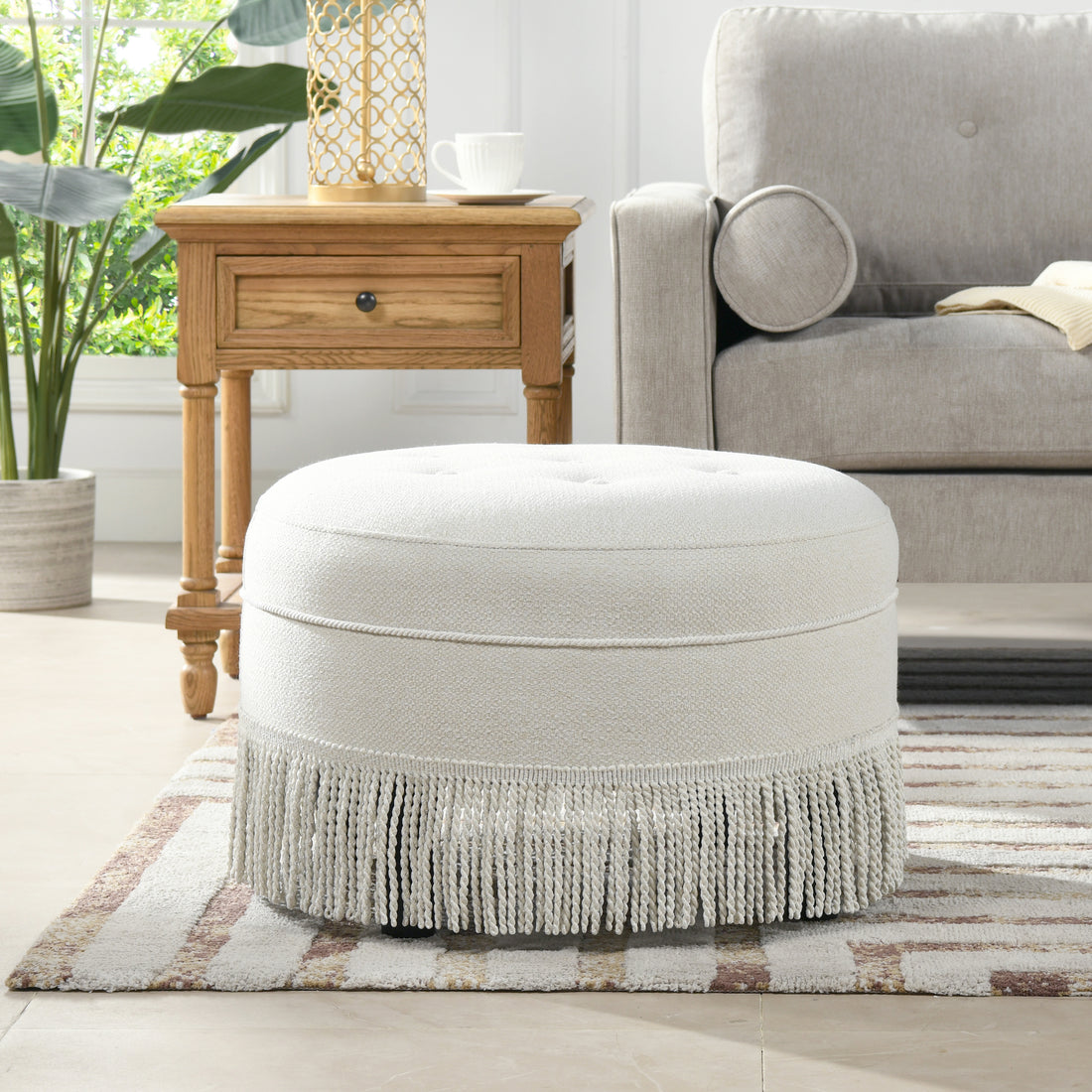 Yolanda 24" Round Upholstered Accent Ottoman, Alabaster Off White Tweed White Foam Fabric