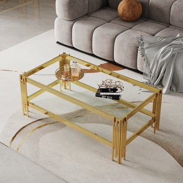 Top And Bottom Double Layer Tempered Glass Coffee Table And Mirror Finished Stainless Steel Frame Gold Metal