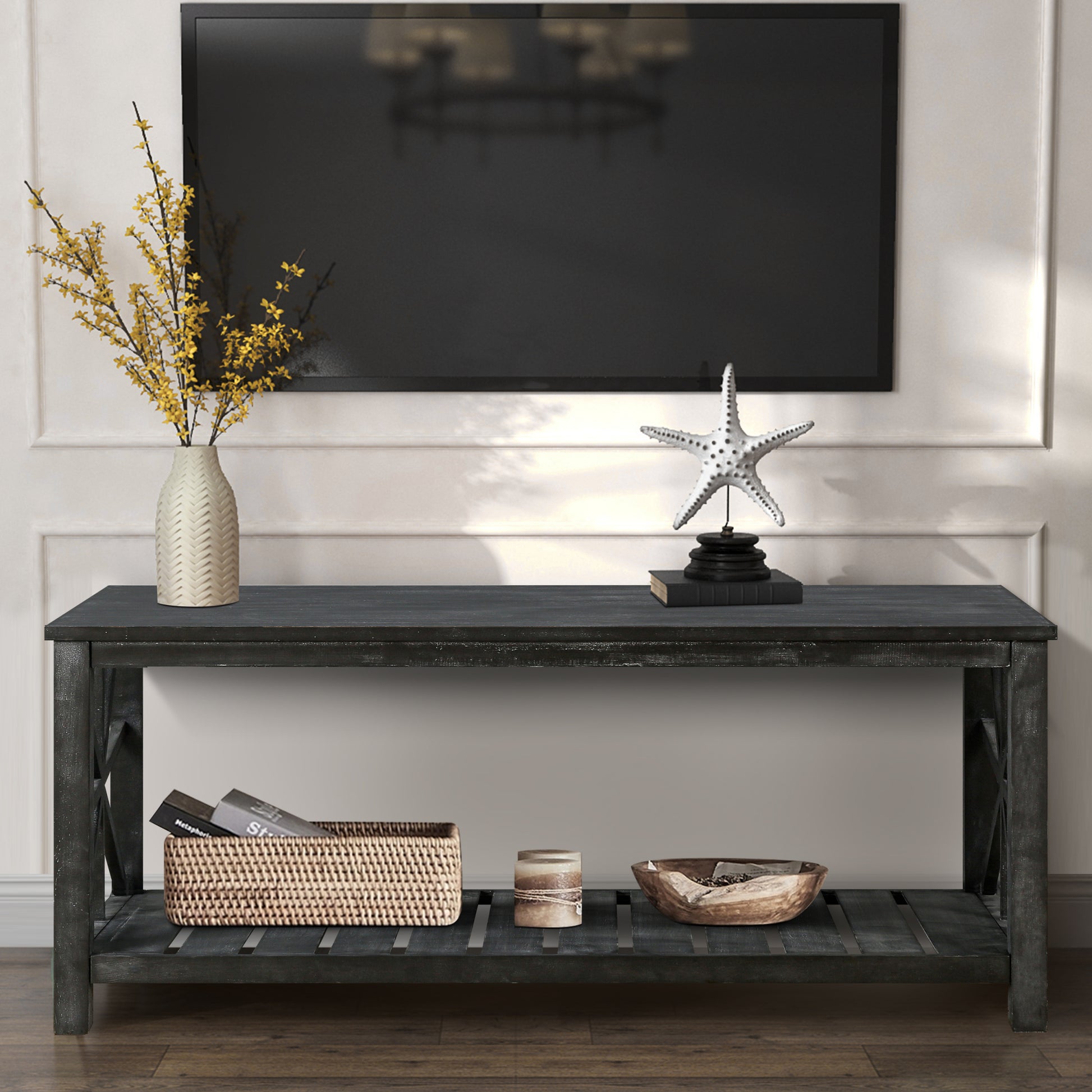 52''W Handcrafted Coffee Table In Front Of The Sofa Or Loveseat For Living Room Antique Black Color Antique Black Ergonomic Primary Living Space American Design Floor Mount Open Storage Coffee & End Tables Rectangular Solid Wood Mdf Mdf