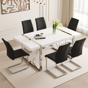 Table And Chair Set.71"X39.3" White Mdf Painting Dining Table Set With 6 Black Pu Chairs.Showcasing A Modern And Stylish Look.Suitable For Dining Room.Mdf Painting,Iron Pipe Plating,Pu Chiairs.