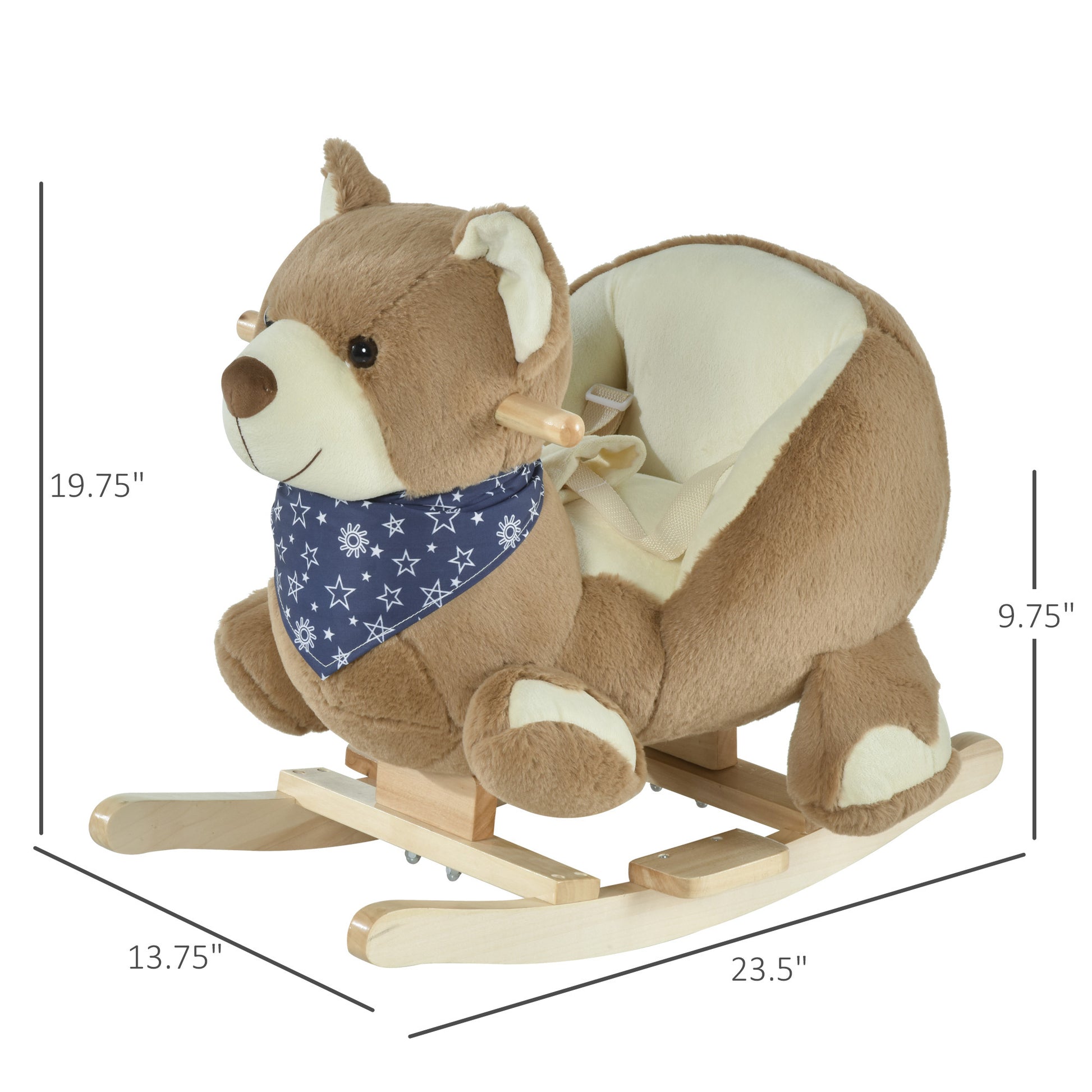 Qaba Baby Rocking Horse With Lullaby, Riding Horse, Bear Themed Plush Animal Rocker With Pedals For Ages 18 36 Months Brown Wood