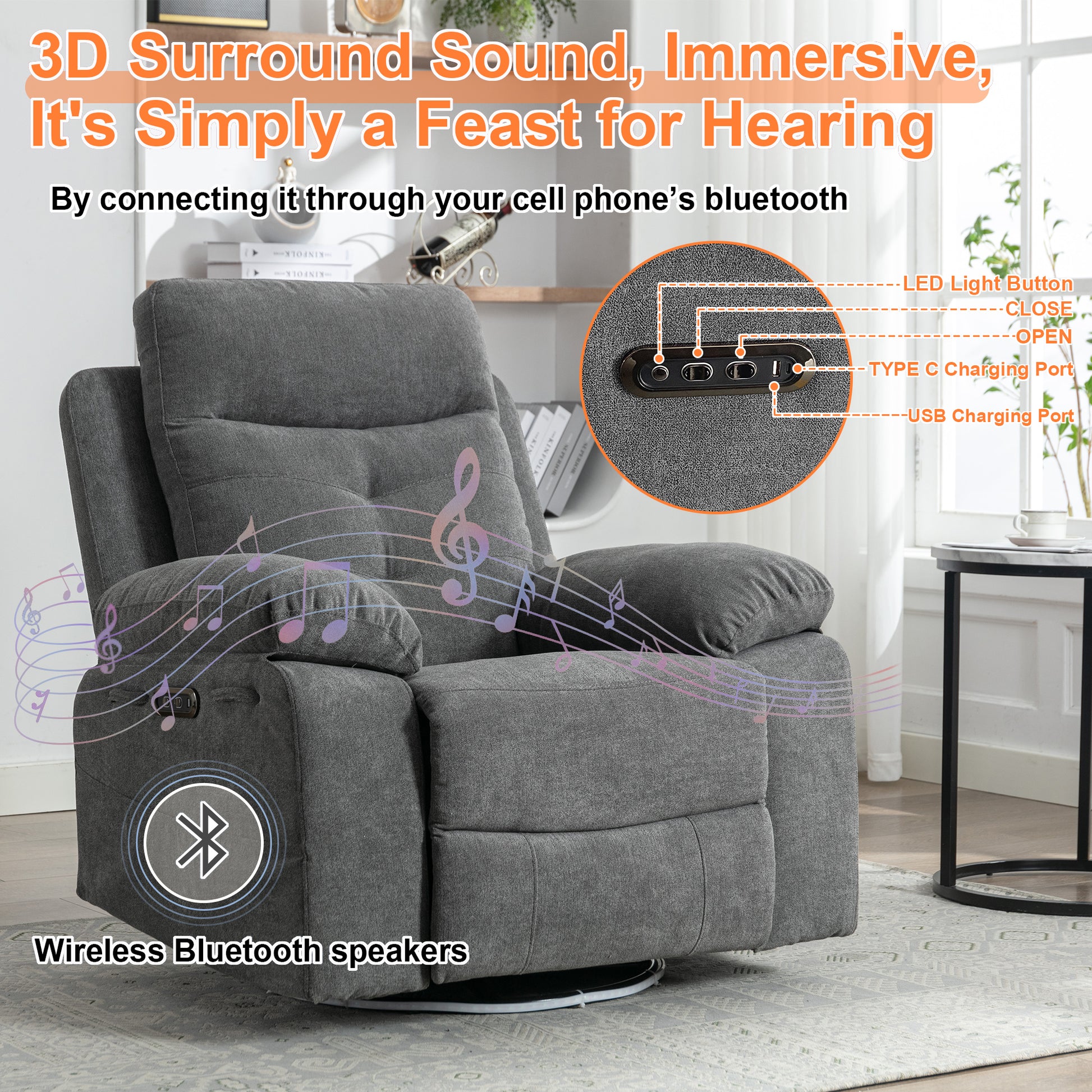 Power Recliner Glider Chair With Bluetooth Speaker 270 Degree Swivel With Led Light Side Arm With Storage Pockets Usb Type C Charging Port Button Control Retractable Footrest Adjustable Backrest Dg Dark Grey Linen Power Push Button Primary Living Space