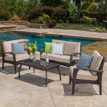 Honolulu 4Pc Pe Wicker Set Kd Brown Tan Pe Rattan Iron Waterproof Fabric