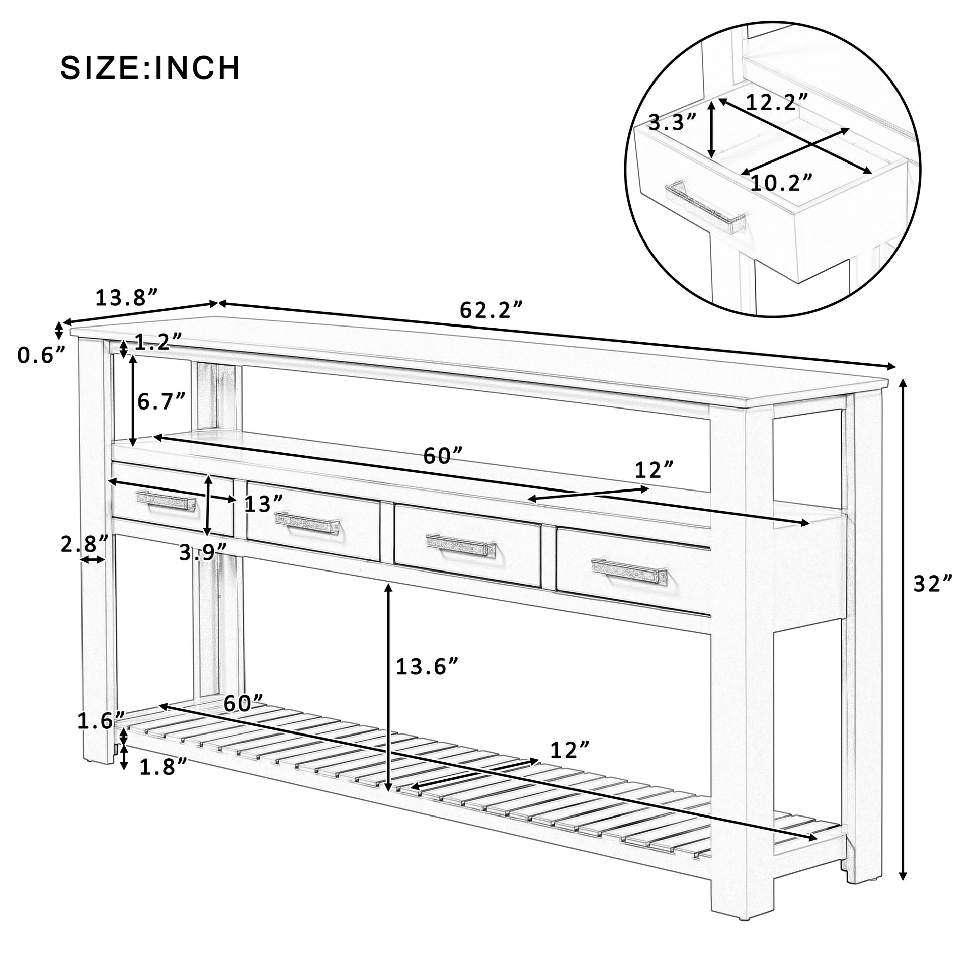 62.2'' Modern Console Table Sofa Table For Living Room With 4 Drawers And 2 Shelves White Solid Wood Mdf