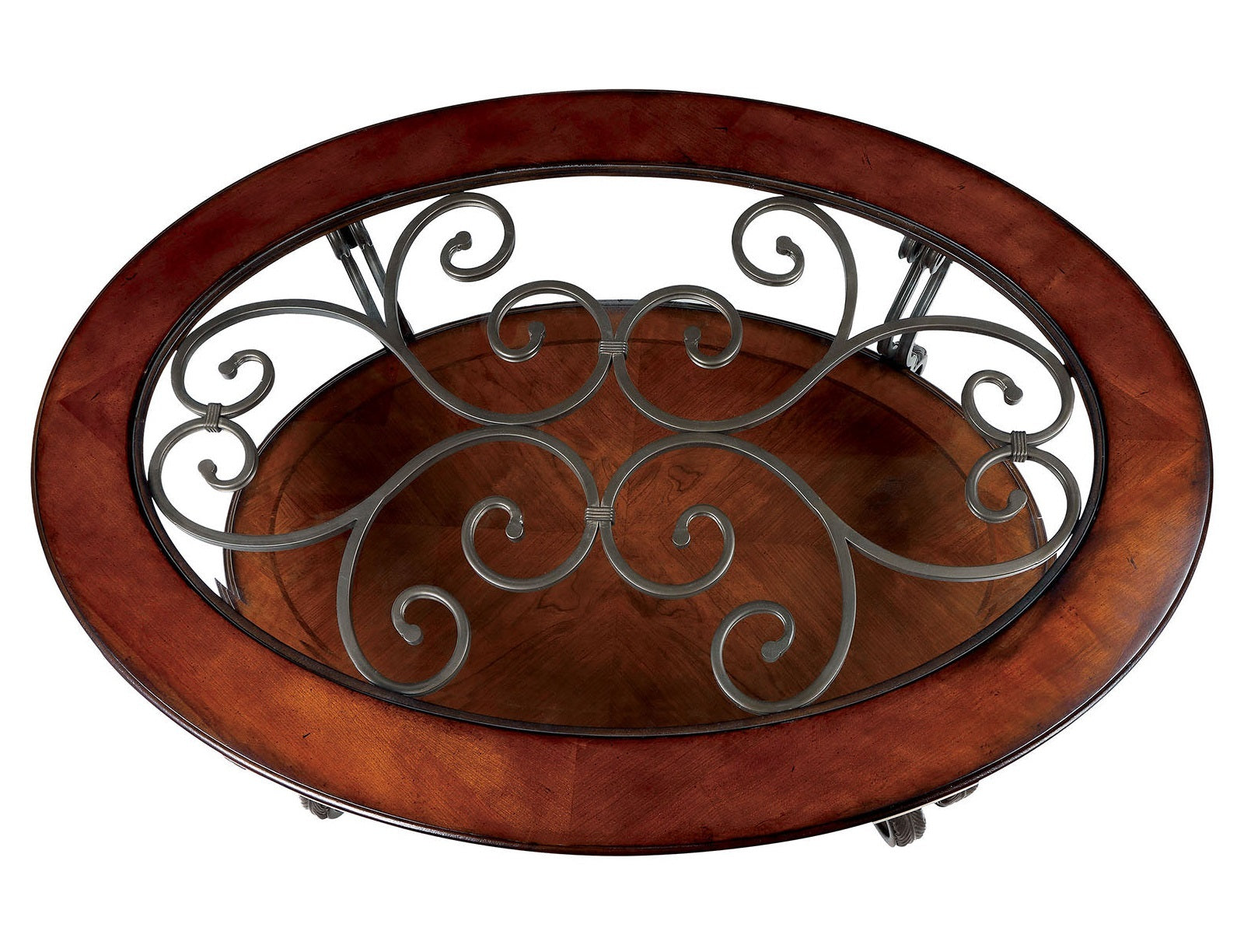 Traditional Style Brown Cherry 1Pc Coffee Table Open Bottom Shelf Ornate Design Glass Top Living Room Furniture Brown Multi Brown Primary Living Space Classic,Contemporary,Ornate Traditional,Traditional Open Storage Oval Coffee & End Tables Solid Wood