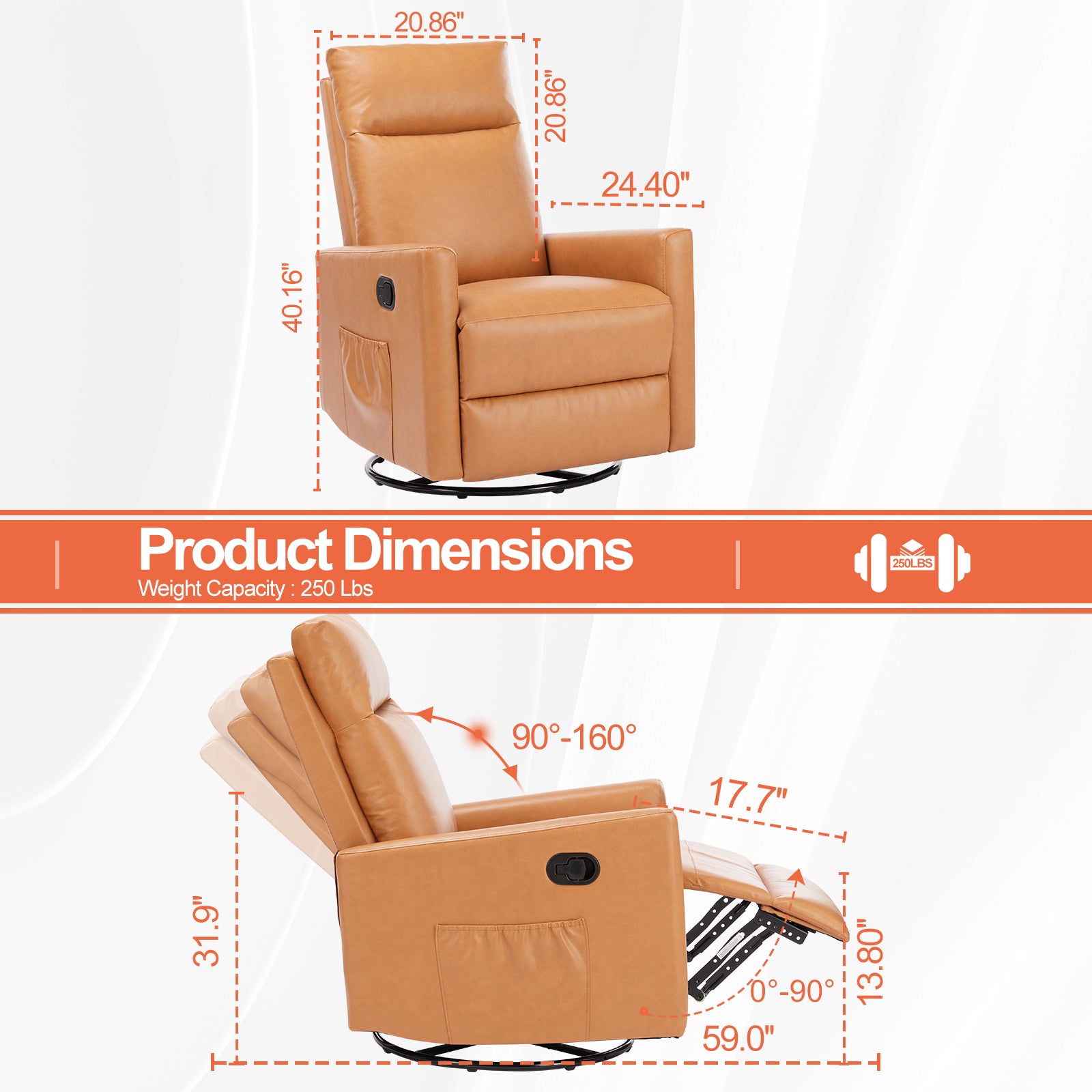 Manual Recliner Chair Winback Single Sofa,Brown Brown Fabric 1 Seat