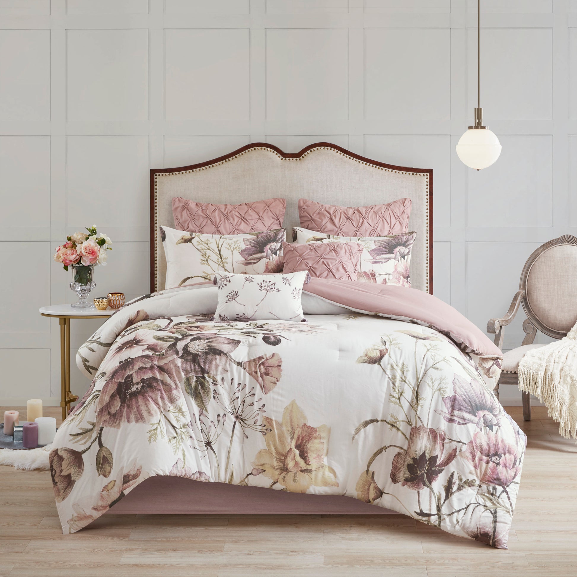 8 Piece Cotton Printed Comforter Set Blush Queen Queen Blush Polyester