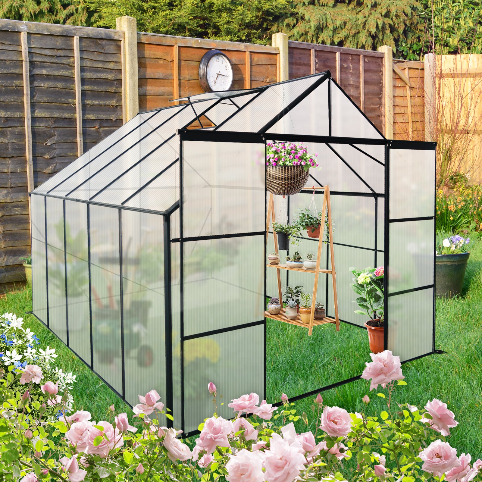 8X10Ft Double Door Polycarbonate Greenhouse Raised Base And Anchor Aluminum Heavy Duty Walk In Greenhouses For Outdoor Backyard In All Season,Black Black Aluminium