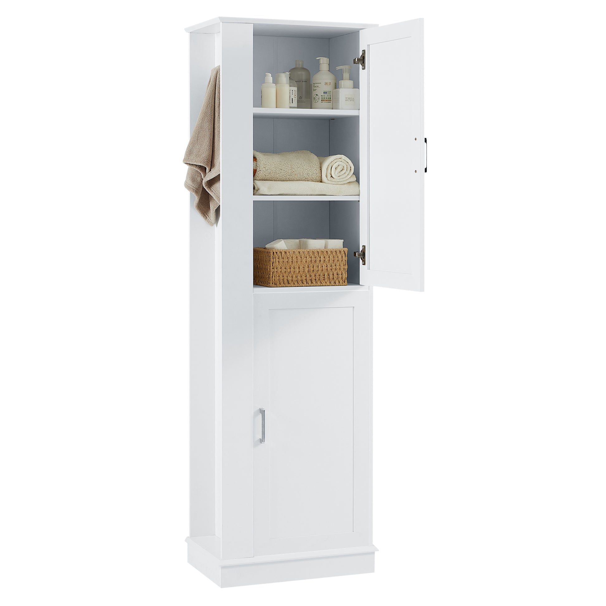 Tall Bathroom Storage Cabinet, Freestanding Storage Cabinet With Hook And Adjustable Shelf, Mdf Board, White White 2 Mdf