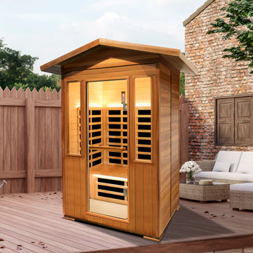 Outdoor Double Red Cedar Far Infrared Sauna Room Natural Wood Stainless Steel Glass