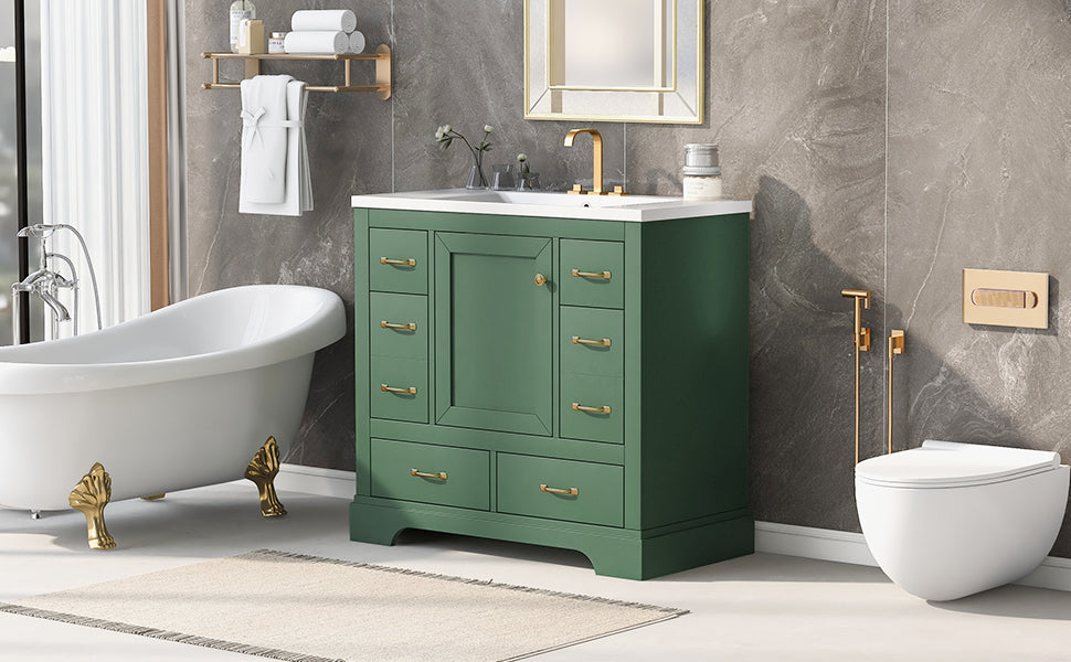 36" Bathroom Vanity With Sink Combo, Six Drawers, Multi Functional Drawer Divider, Adjustable Shelf, Green Green Solid Wood Mdf