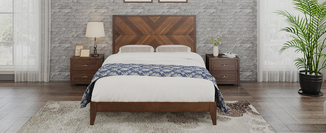 Mid Century Modern Platform Bed Wood Slat Support With No Box Spring Needed,Full, Walnut Box Spring Not Required Full Walnut Wood Bedroom Mid Century Modern Bed Frame Wood