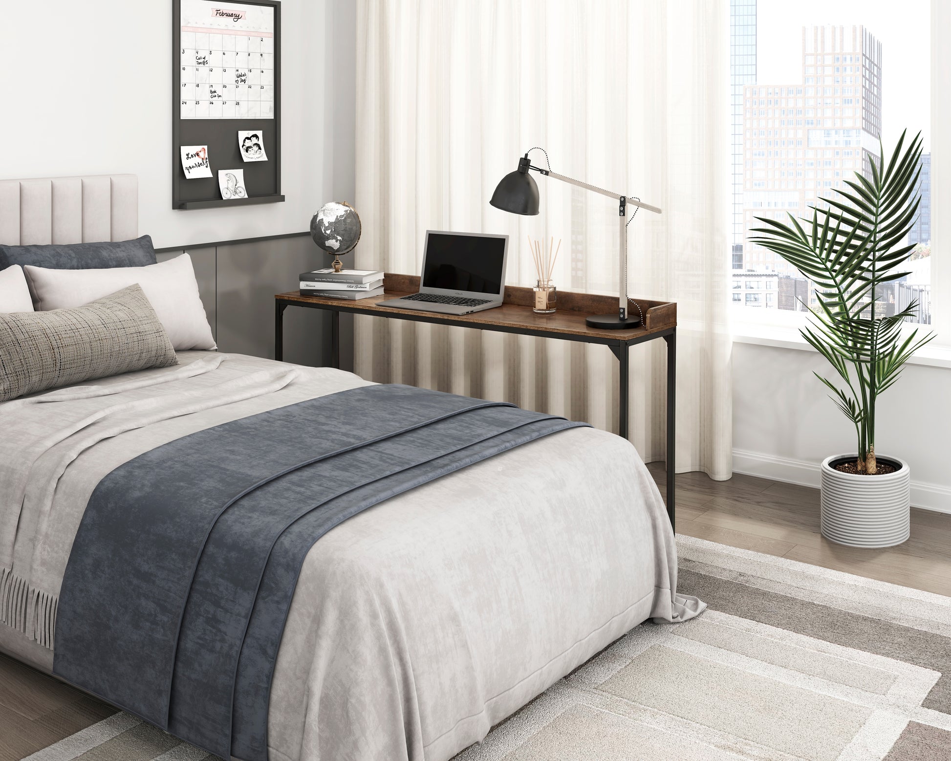 Rustic Brown Wood Finish Multipurpose Over The Bed Desk With Adjustable Height, Metal Legs With Casters, Overbed Table 1Pc, Laptop Table For Bed, Breakfast Table Rustic Brown Rectangular Engineered