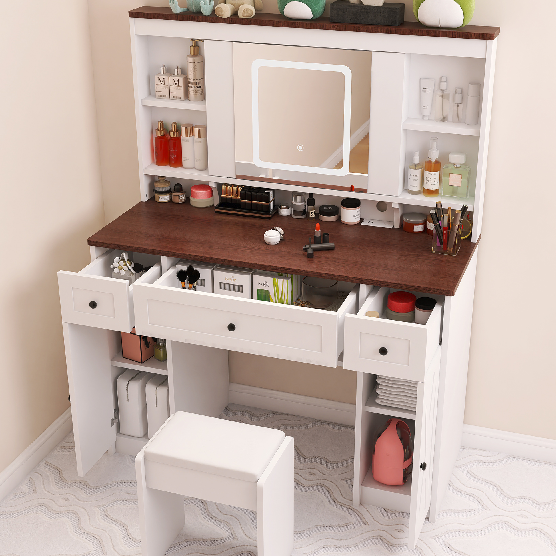 Farmhouse Vanity Desk With Sliding Mirror,Lights And Charging Station,Makeup Table Desk With Dimmable Led Light,Vanity Makeup Table With Sponge Soft Stool,White Brown Finish White Drawer 5 Drawers &