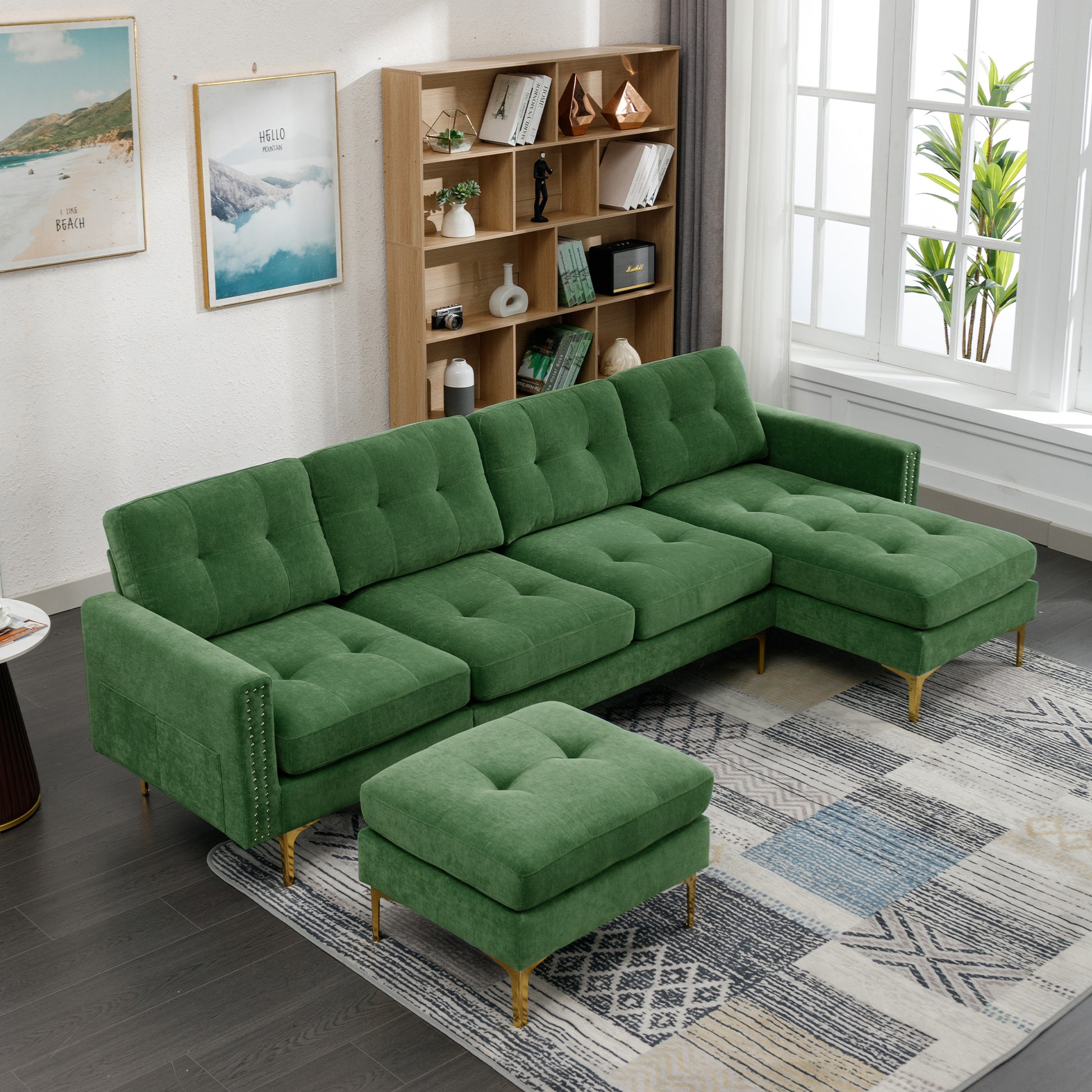 110" L Shape Convertible Sectional Sofa Couch With Movable Ottoman For Living Room, Apartment, Office, Green Green Foam Velvet 4 Seat