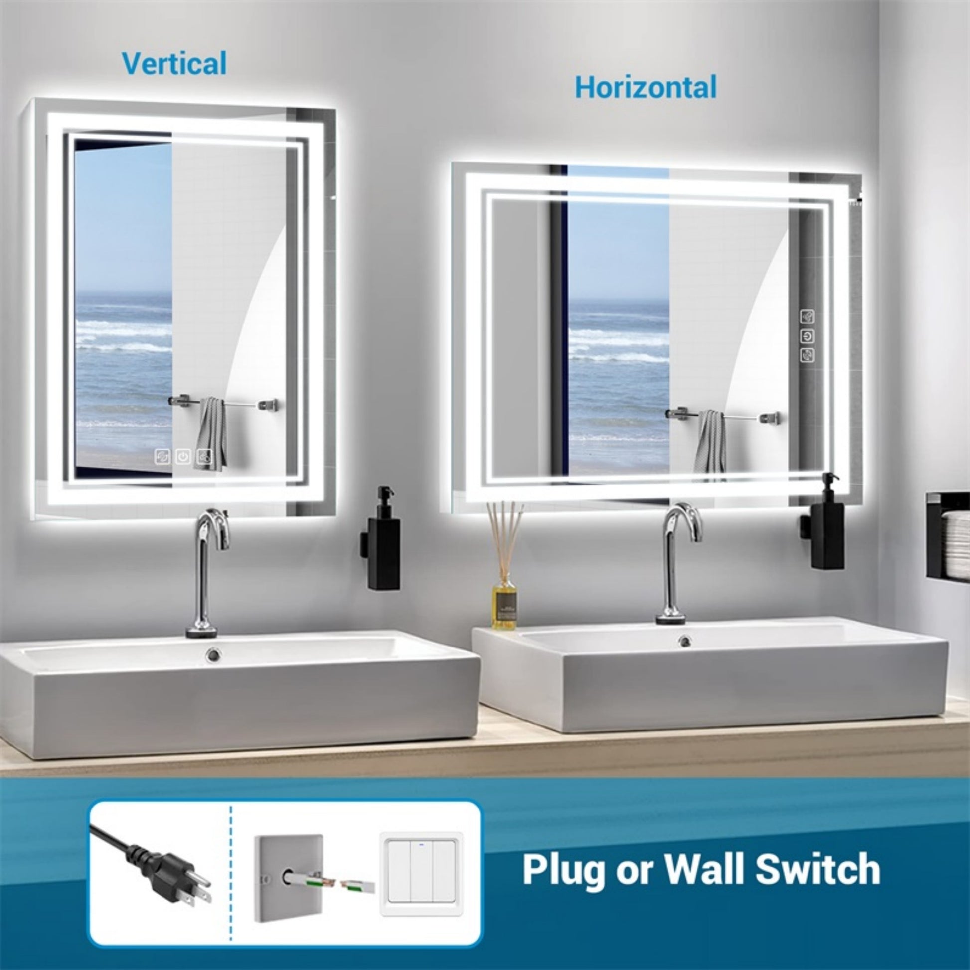 Led Bathroom Mirror 32" X 24" Front And Backlight, 5 Mins Defog, 5Mm Full Hd Reflected Wall Mounted Vanity Mirror, 3 Colors Stepless Dimmable, Cri90 , Memory Function Plug In Hardwire Silver Glass