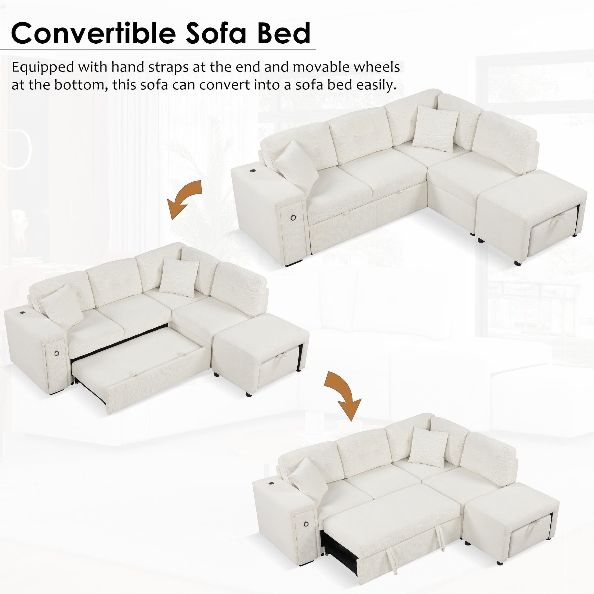 86.6" Sectional Sofa L Shaped Sofa Couch Pull Out Sofa Bed With A Movable Ottoman, Two Usb Ports And Two Cup Holders For Living Room, Beige Beige Foam Chenille 4 Seat