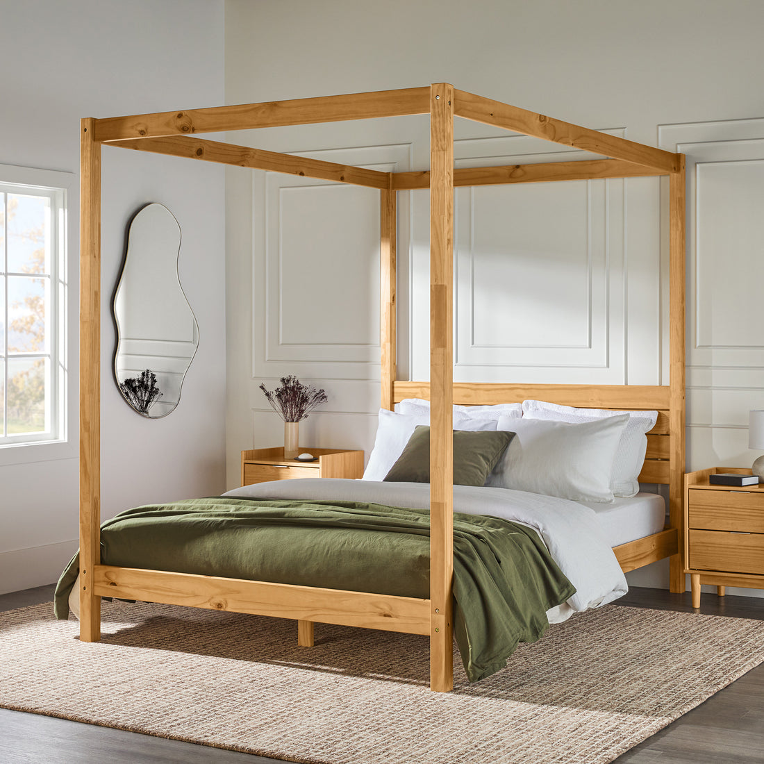 Modern Minimalist Boho Queen Canopy Bedframe Natural Pine Queen Natural Wood Pine Pine