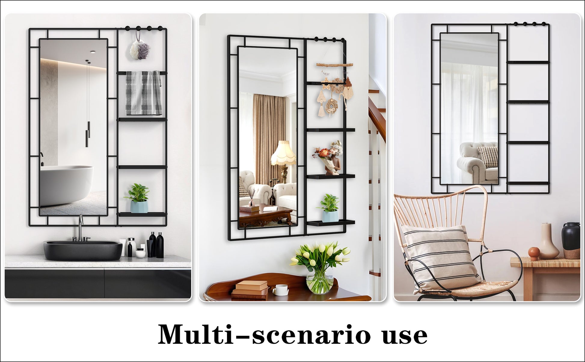 30X44 Ines Modern Vanity Mirror With Multi Functional Shelf, Large Bathroom Mirror, Black Frame Decoration Mirror, Suitable For Bathroom, Living Room, Bedroom Black Metal