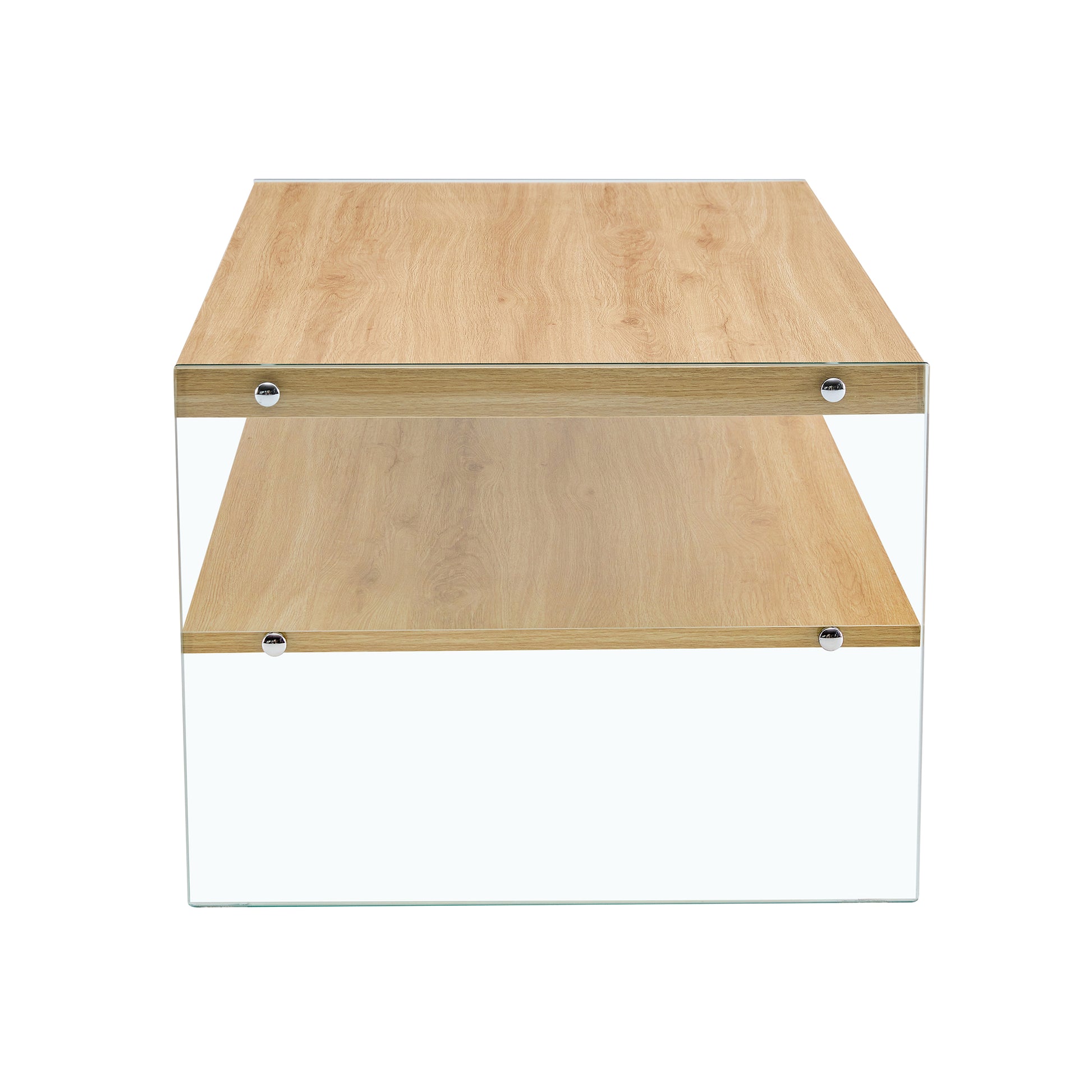 Double Layered Rectangular Coffee Table.The Board Is Made Of Mdf With Wooden Stickers, With Transparent Tempered Glass On Both Side.Suitable For Various Occasions Such As Living Rooms And Bedrooms. Wood Mdf Glass