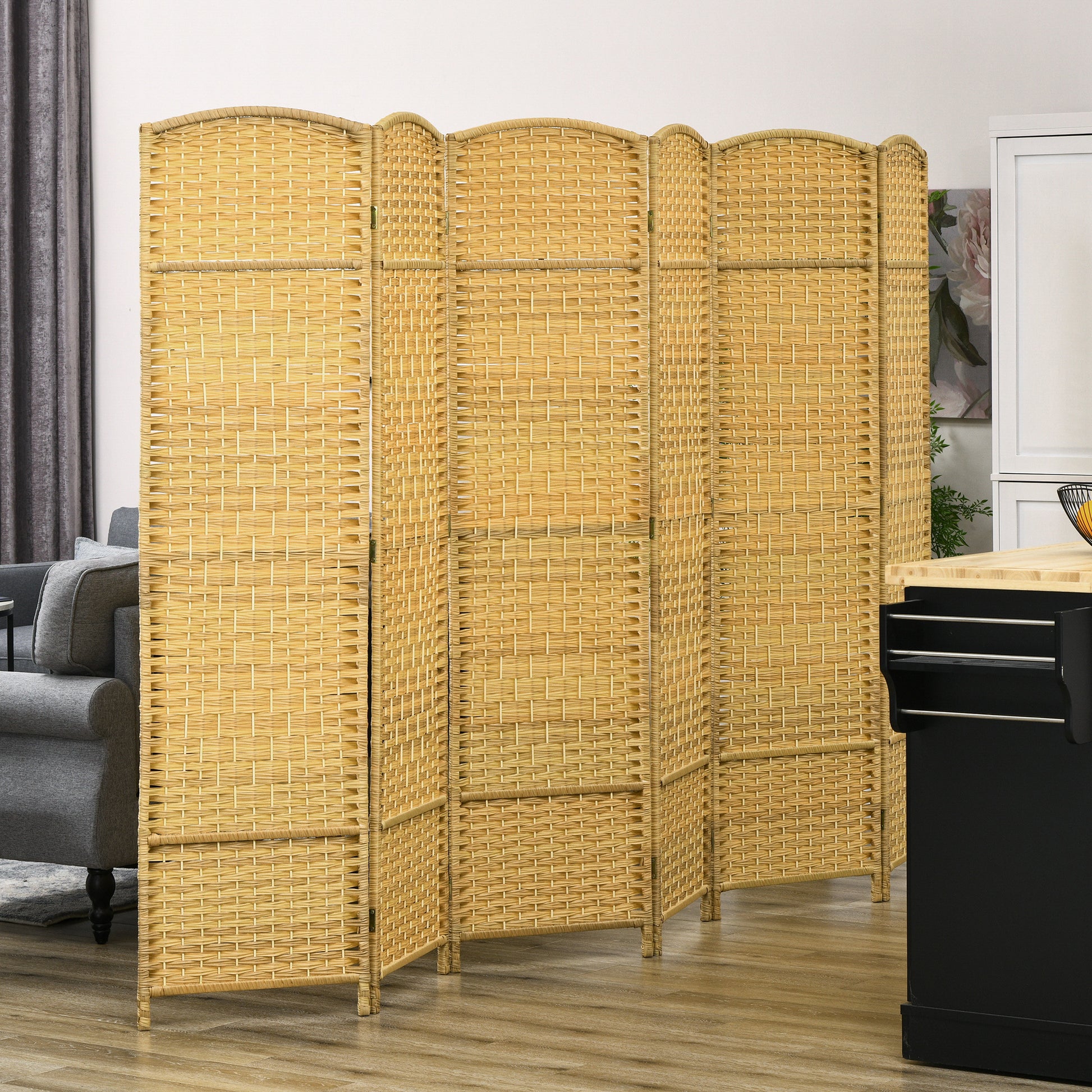 Homcom 6 Panel Room Divider, 6' Tall Folding Privacy Screen, Hand Woven Freestanding Wall Partition For Home Office, Bedroom, Nature Wood Natural Wood Polypropylene