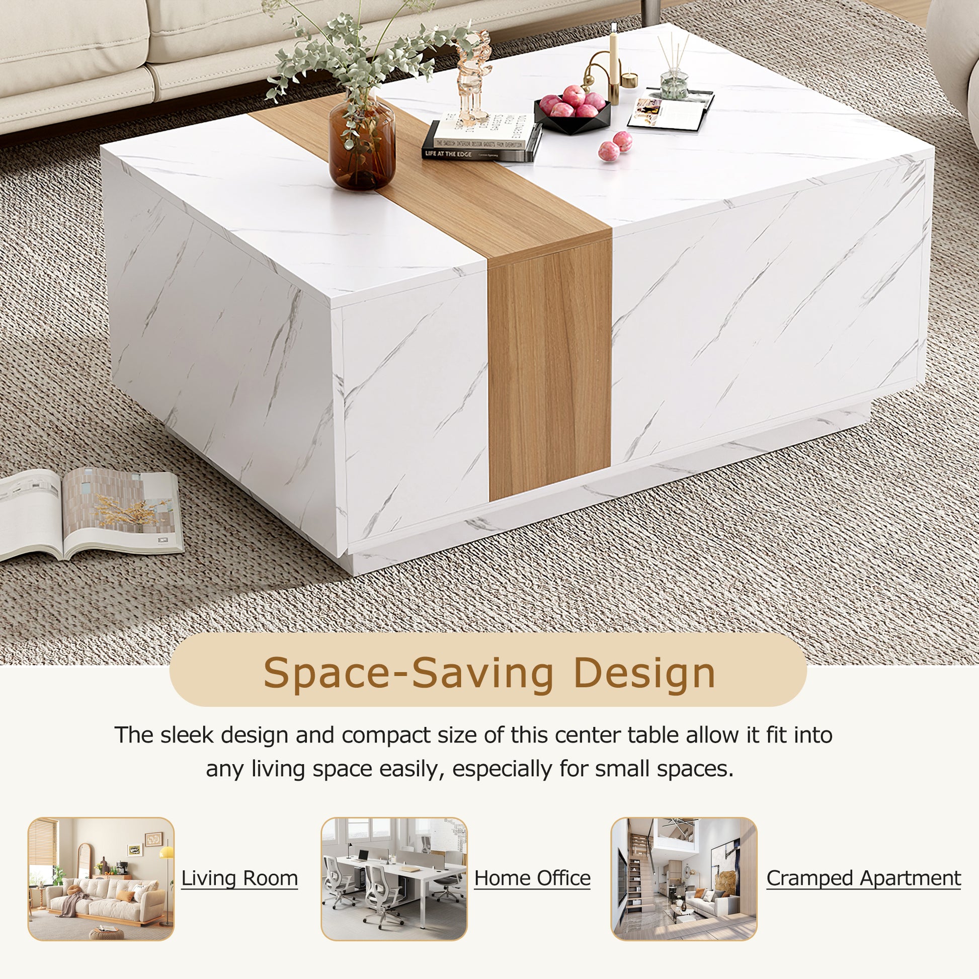 Modern 35.4 X 23.6 Inch Two Tone Coffee Table With Faux Marble And Walnut Wood Grain Finish, Rectangular Center Table With 2 Storage Drawers, Practical Cocktail Table For Living Room, White White Primary Living Space Drawers Rectangular Particle Board