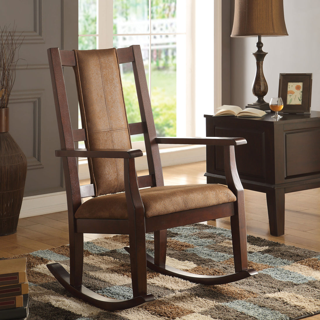 Brown And Espresso Rocking Chair With Padded Seat Cushion Solid Brown,Espresso Primary Living Space Foam Rocking Chairs Solid Back Wood Fabric