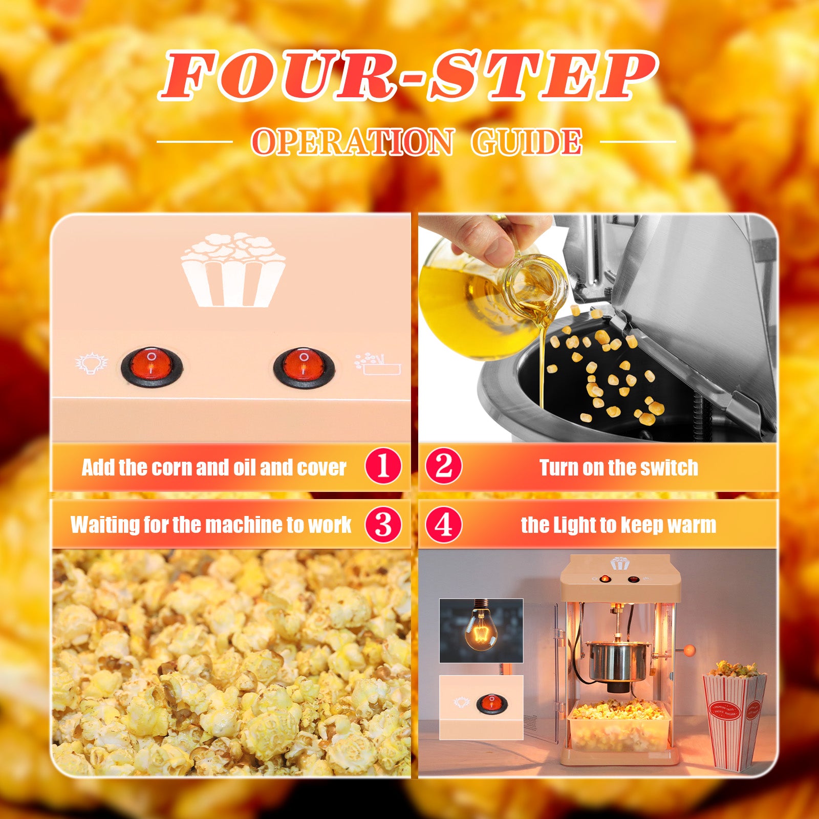 4Oz Tabletop Popcorn Machine Popcorn Popper Machine Pop Corn Machine Popcorn Maker With Stainless Steel Kettle, Measuring Tool And Popcorn Scoop For Home, Family, Movie Night Orange Orange Plastic