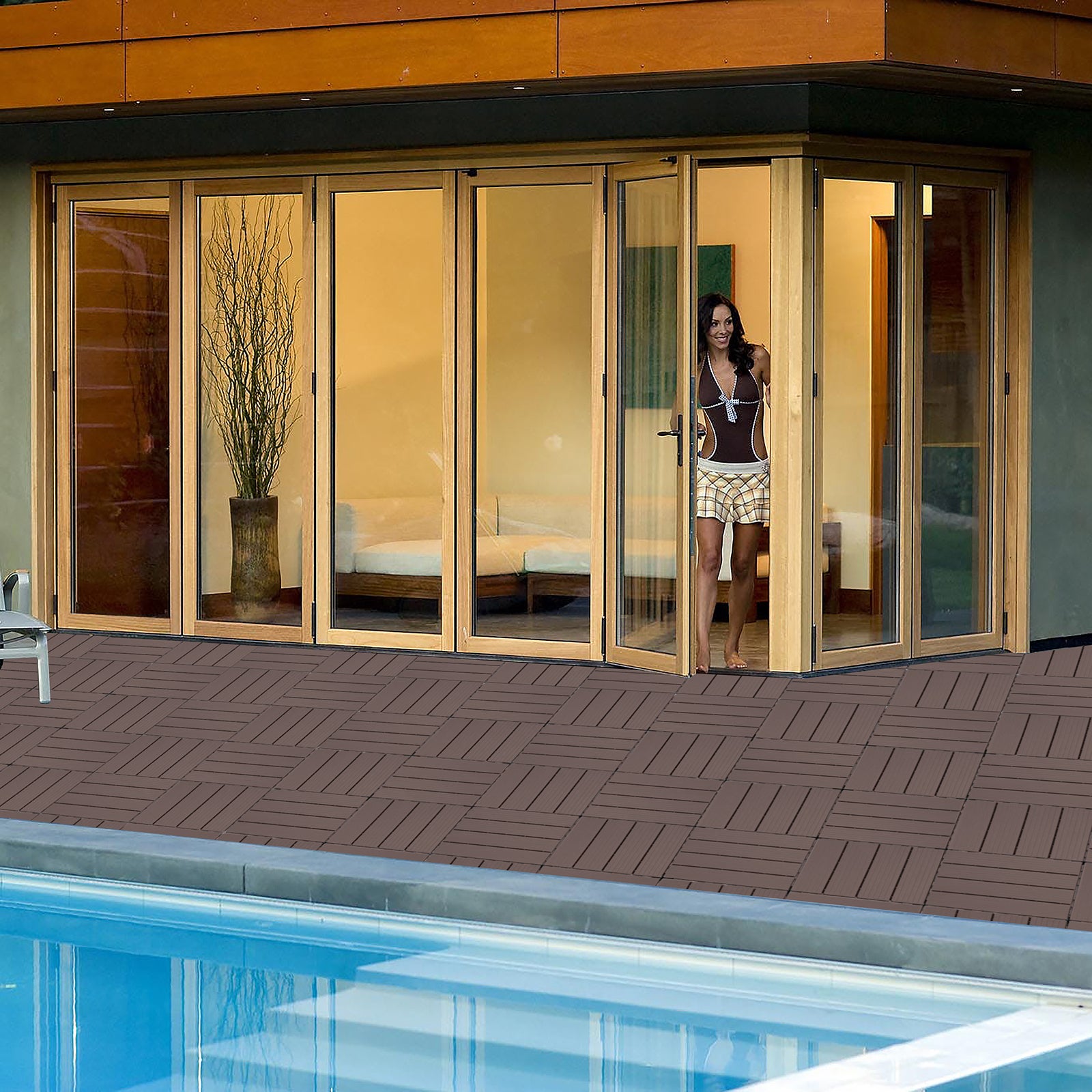 Plastic Interlocking Deck Tiles, 11.8"X11.8" Pack Of 44 , Patio Flooring Outdoor Waterproof All Weather Use For Garden Poolside Front Back Yard, Light Coffee Color Light Coffee Plastic