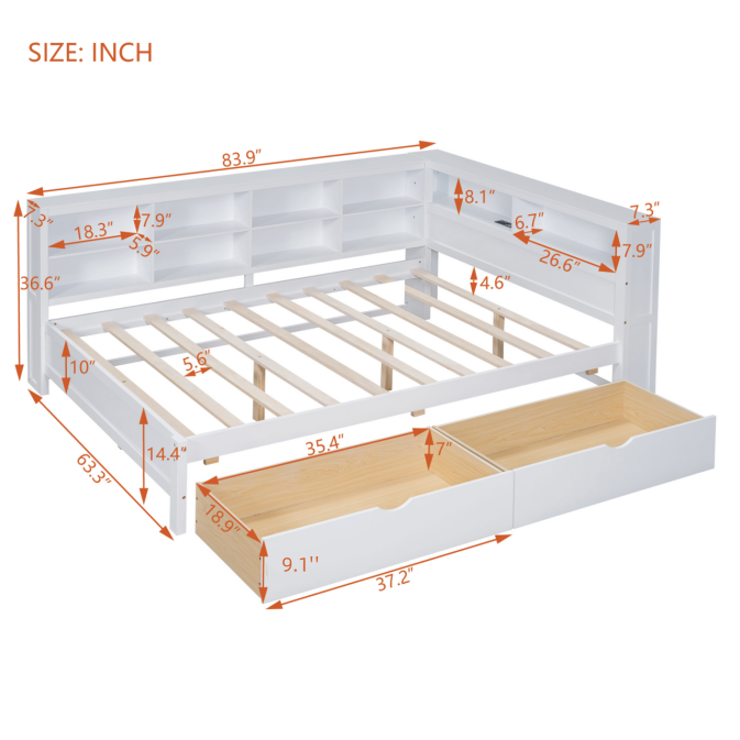 Wooden Full Size Daybed With 2 Drawers, Daybed With Storage Shelf And Usb Charging Ports,White Full White Wood