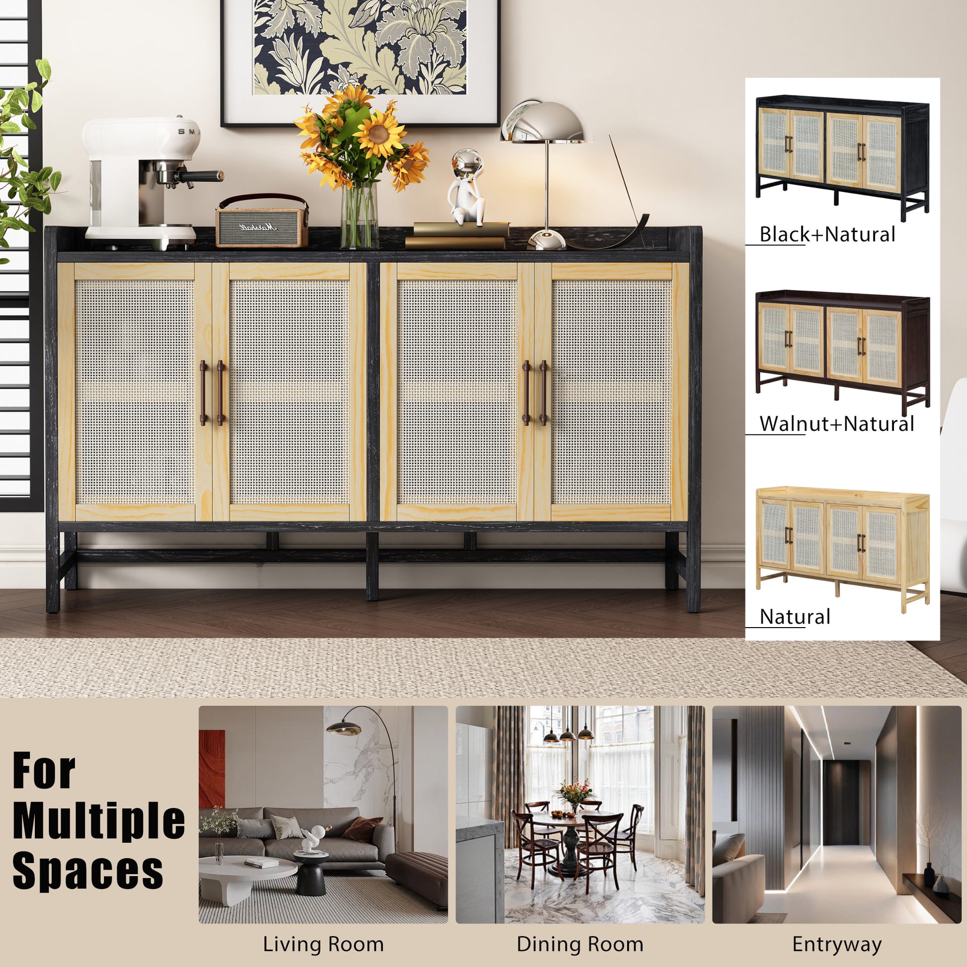 Sideboard Rustic Buffet Cabinet, Sideboard Cabinet With Decorative Rattan Doors, Buffet Cabinet With Storage For Entryway Dining Room Kitchen Living Room, Black Natural Black Natural Mdf
