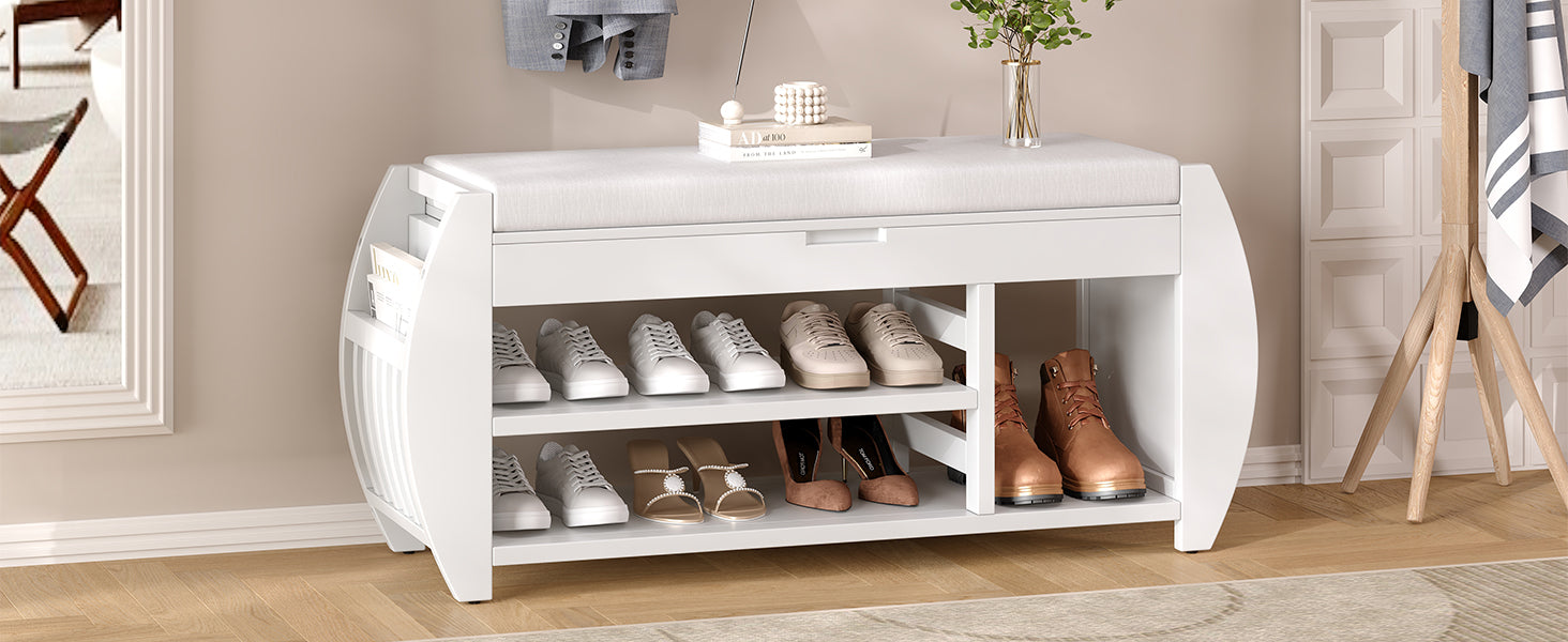 Retro Multifunctional Storage Bench With Cushion And Curved Side Panel For Entrance And Living Room Antique White Antique White Mdf