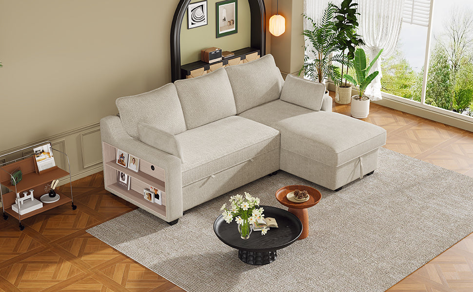 90" Pull Out Sleeper Sofa L Shaped Couch Convertible Sofa Bed With Storage Chaise, Storage Racks And Usb Ports Sg001340Aa , Beige Beige Foam Chenille 3 Seat