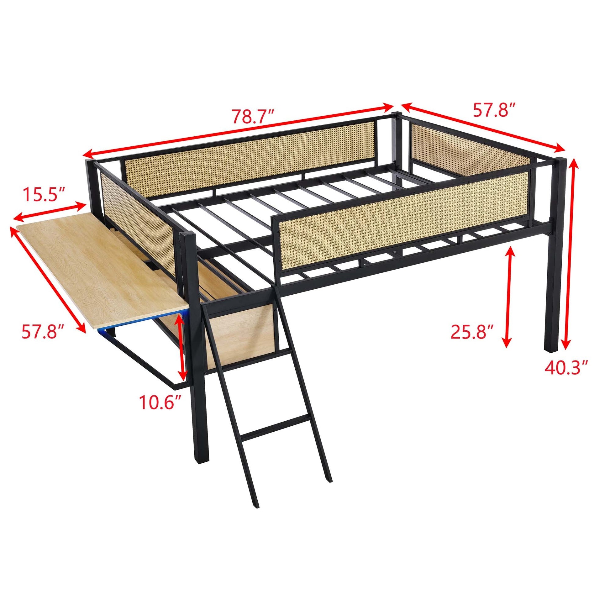 Single Metal Loft Bed With Rectangular Desk, Led Lights, Led Loft Bed Frame Double Bed With Storage Shelves And Hanging Storage Compartments, Safety Guard And Ladder, No Box Springs Required, Rattan G Full Black Natural Mdf Iron