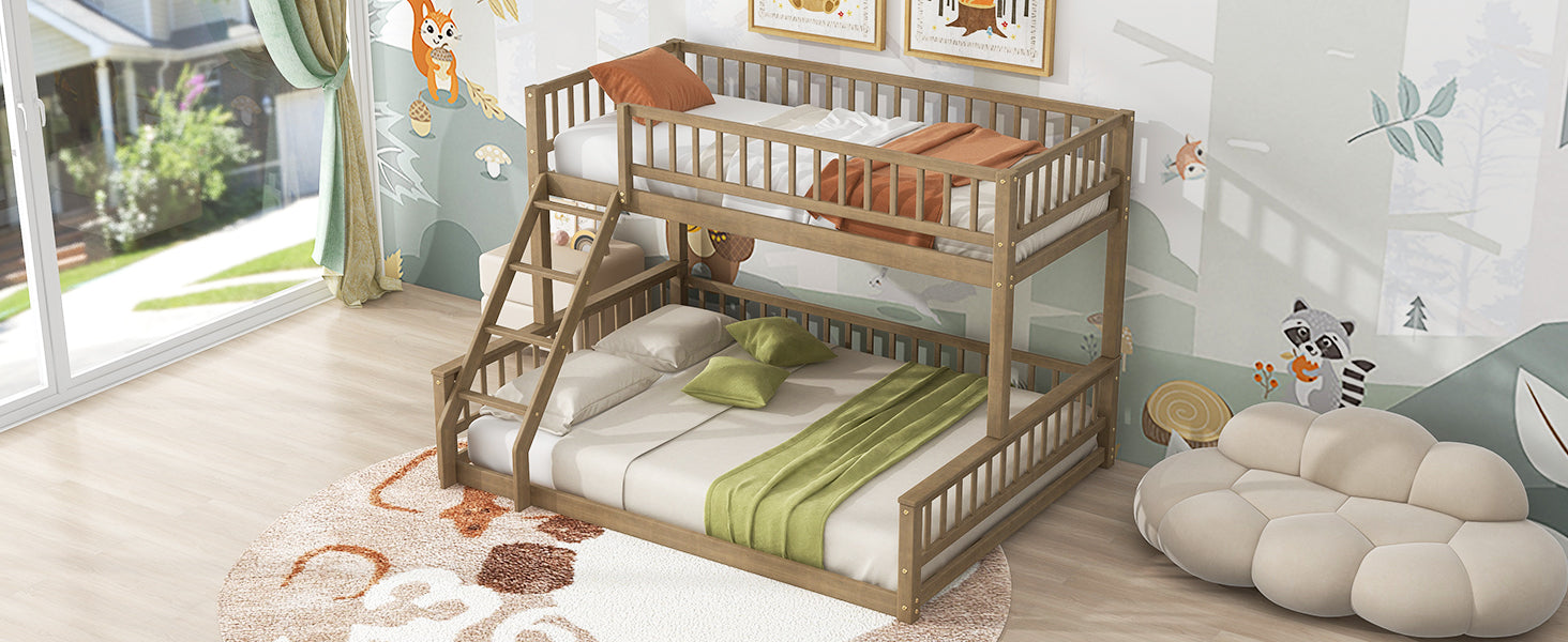 Twin Xl Over Queen Bunk Bed With Ladder And Guardrails, Walnut Expected Arrival Time: 10.27 Box Spring Not Required Twin Xl Walnut Wood Bunk Solid Wood Mdf