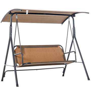 Outsunny 3 Person Porch Swing With Stand, Outdoor Swing For Patio Porch With Adjustable Tilt Canopy And Comfortable Swing Bench Style Seat, Steel Frame, Brown Brown Plastic