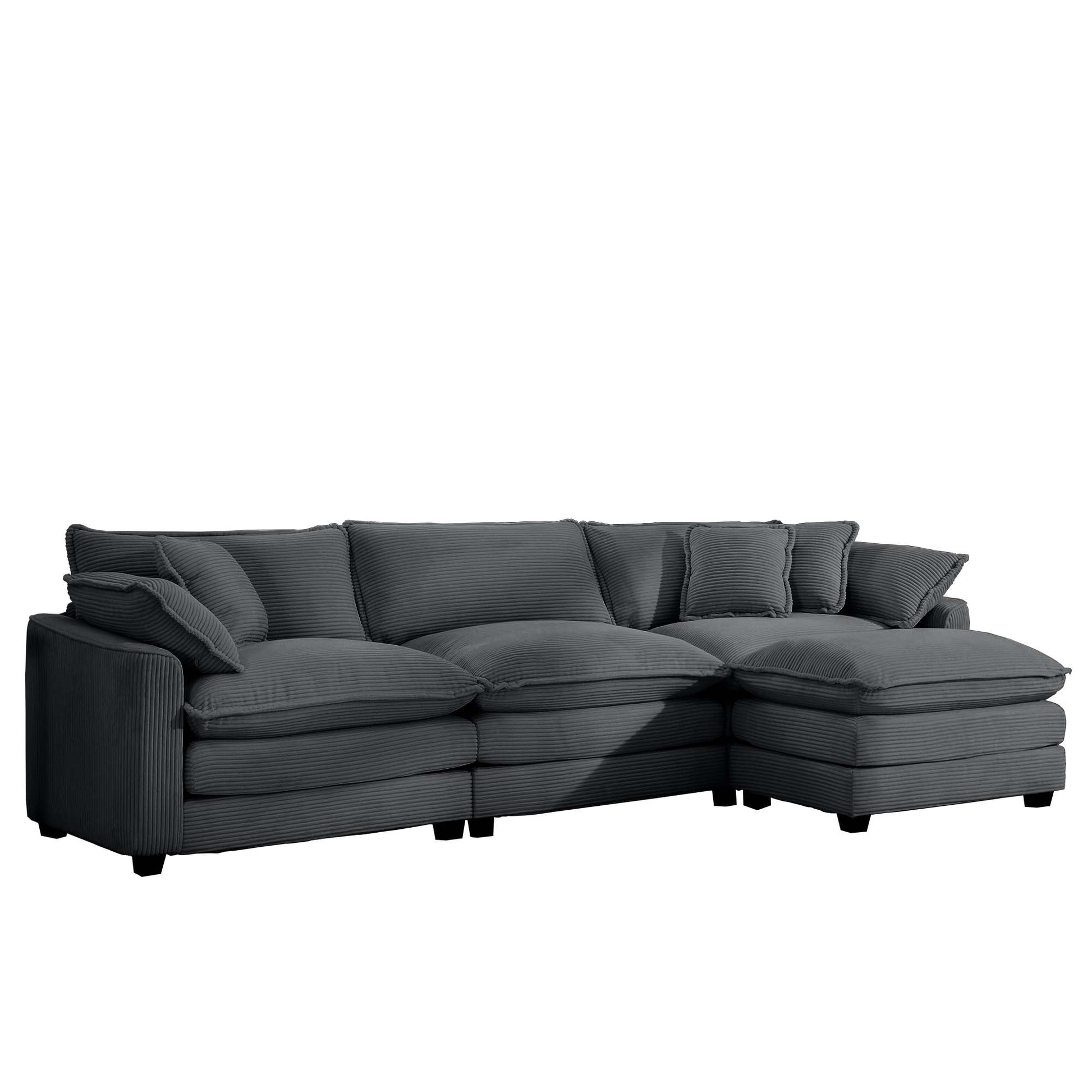 Corduroy 3 Seater Sofa With 1 Footrest, L Shaped Double Sofa With Ottoman For Small Living Rooms, Grey Corduroy Sofa Grey Corduroy 3 Seat