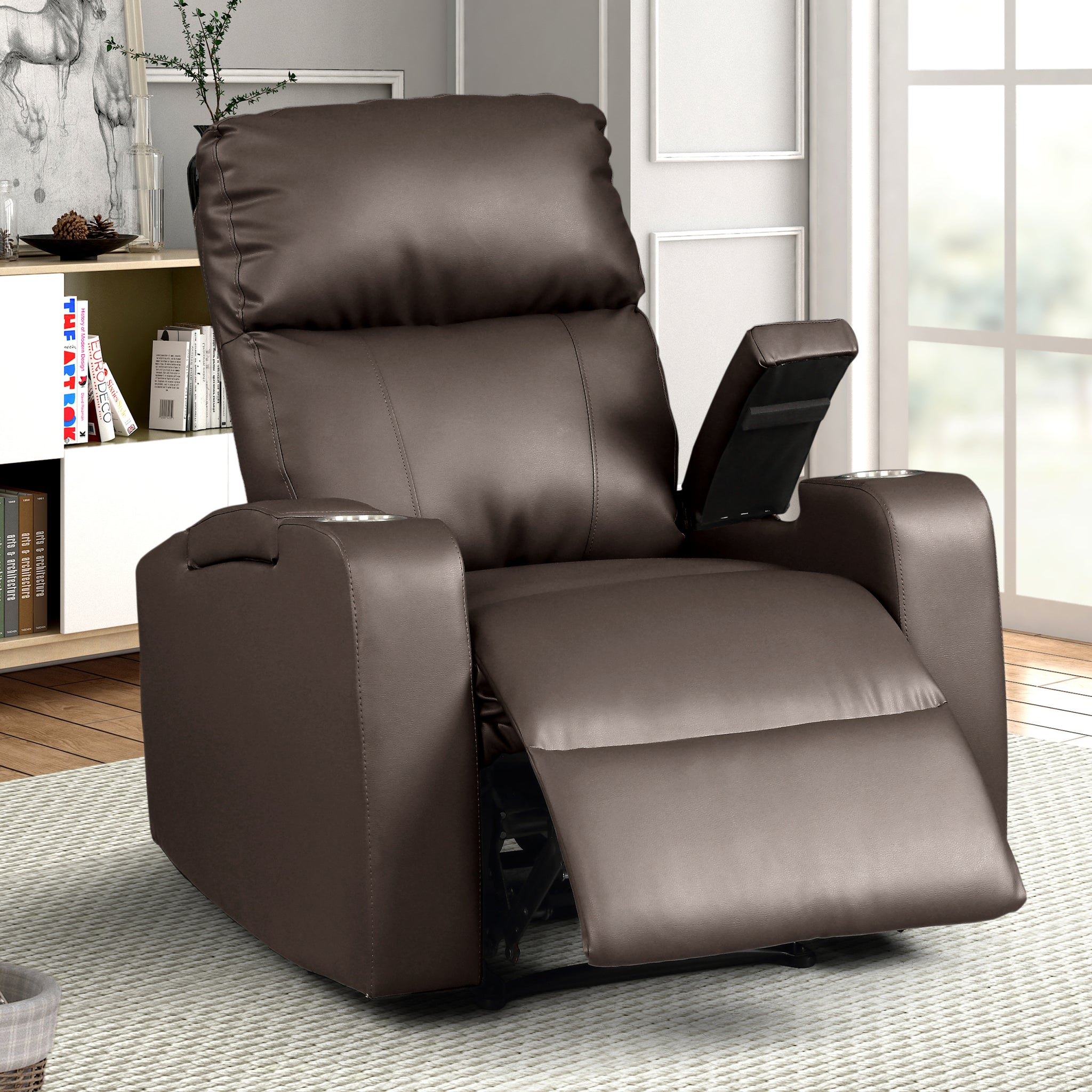 1Pc Modern Power Recliner Glued Solid Wood Frame Heavy Duty Steel Rail Upholstered Faux Leather Fabric Single Stitching Two Cup Holders Hickory Espresso Color Espresso Faux Leather Wood Primary Living Space Cushion Back Contemporary,Modern Foam Faux