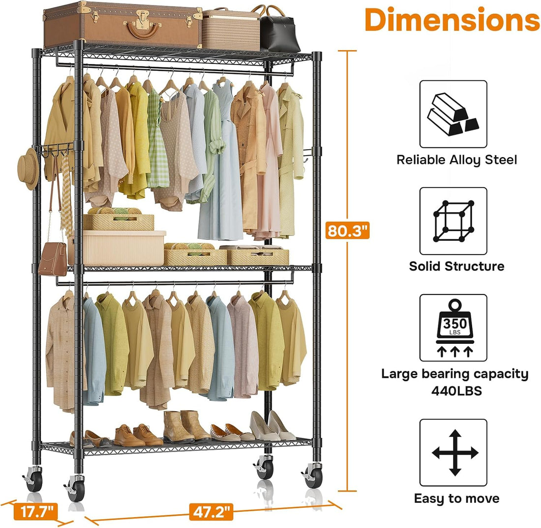 Rolling Clothes Rack, Heavy Duty Clothing Rack, 3 Shelf Portable Adjustable Wardrobe Closet With Wheels, Hanging Rods & Side Hooks, 43.3" W X 17.7" D X 80.3" H, Black Black Steel