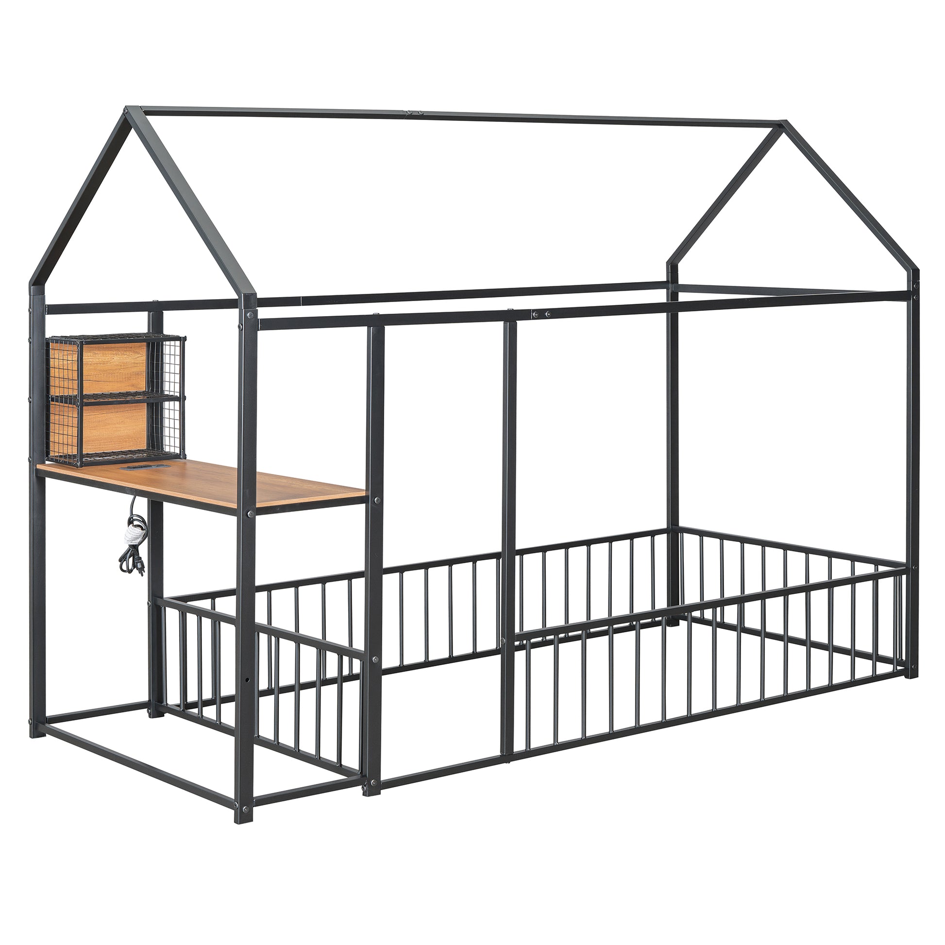 Twin Size Metal Bed House Bed Frame With Desk, Shelves, Power Outlets And Usb Ports, Black Twin Black Metal