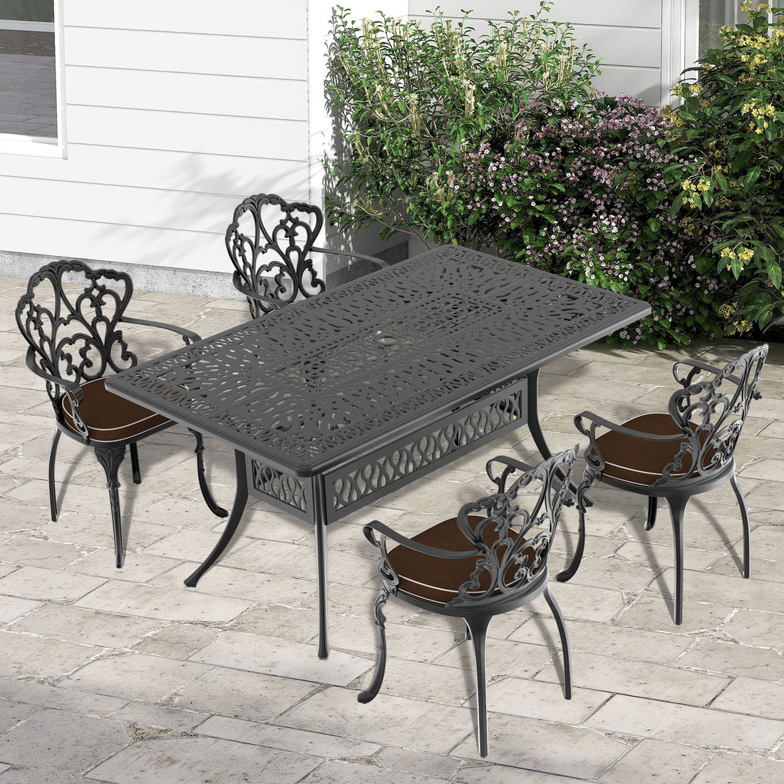 Cushions In Random Colors 5 Piece Set Of Cast Aluminum Patio Furniture With Cushions Yes Dining Set Black Khaki Seats 4 Rust Resistant Frame Water Resistant Cushion Garden & Outdoor Complete Patio Sets Aluminium